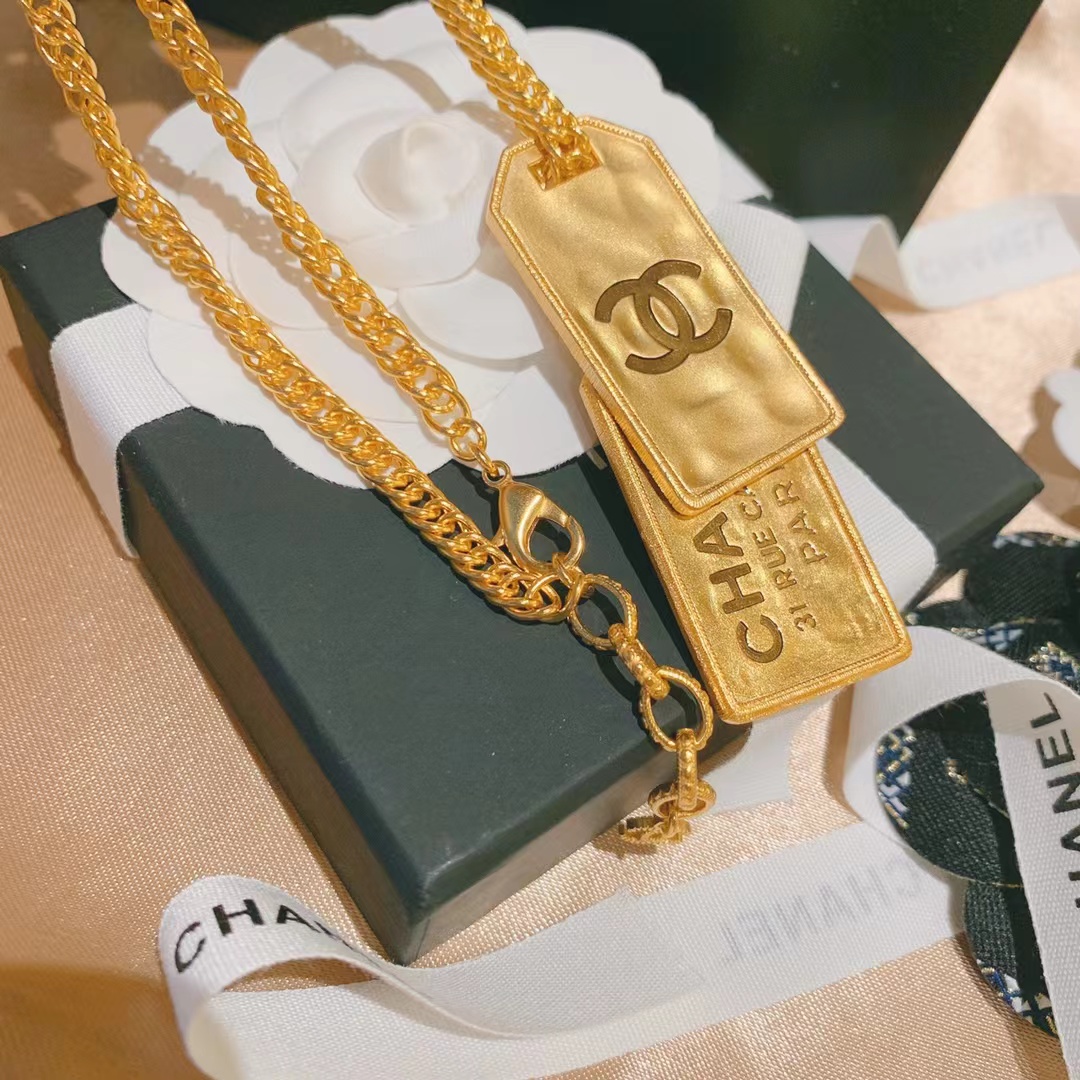 Chanel Unisex Thick Cuban Chain Rectangle Tag Pendant Necklace - Original Replica Club