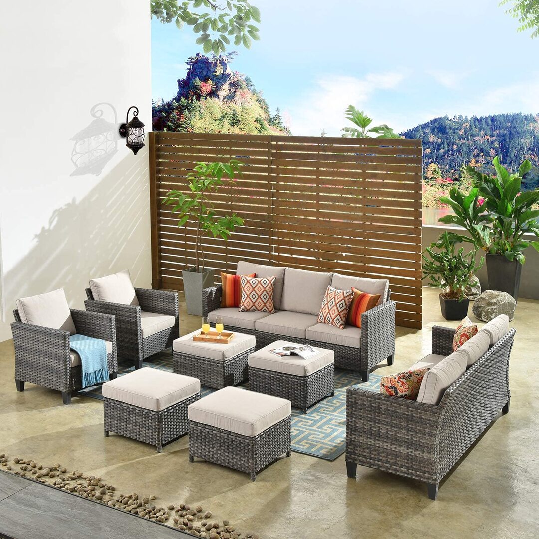 Patio Furniture 8 PCS Hight Back Outdoor Furniture Sets Modern Wicker Patio Furniture Conversation Sets with 4 Pillows All Weather Garden Patio Sofa