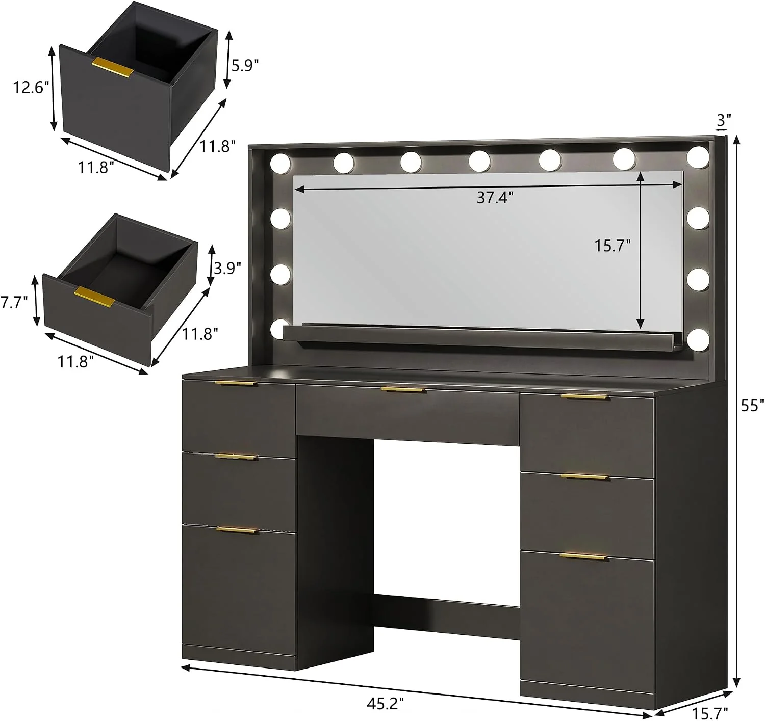 Fixwal Vanity Desk, 45.3in Makeup Vanity with 7 Drawers & Large Mirror, Black Vanity Desk for Bedroom - Image 7 Fixwal Vanity Desk, 45.3in Makeup Vanity with 7 Drawers & Large Mirror, Black Vanity Desk for Bedroom - Image 7