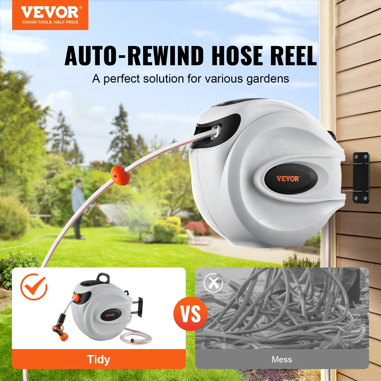 VEVOR Retractable Hose Reel, 100 ft x 1/2 inch, 180�� Swivel Bracket Wall-Mounted, Garden Water Hose Reel with 9-Pattern Nozzle, Automatic Rewind, Lock at Any Length, and Slow Return System