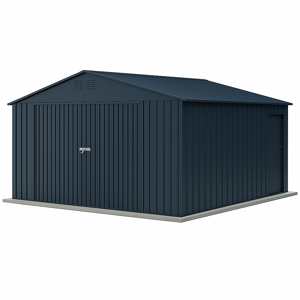 Garaje de metal, almacenamiento exterior con doble puerta abatible, azul oscuro
