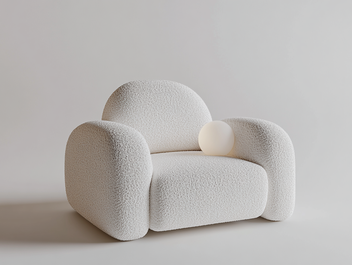 Sillón lounge tapizado 95×90×85 cm – blanco bouclé – con diseño envolvente y respaldo bajo