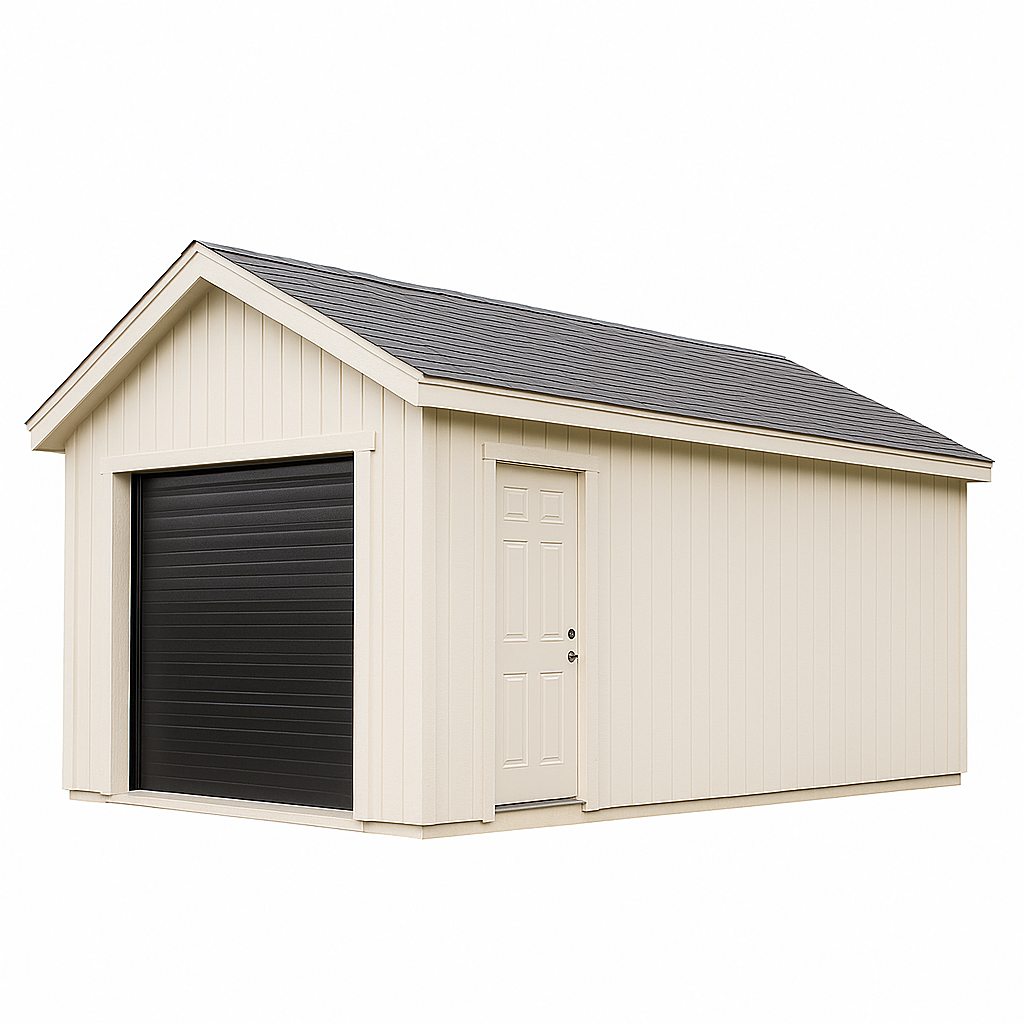 Garaje de madera, con puerta enrollable y entrada lateral, color beige.