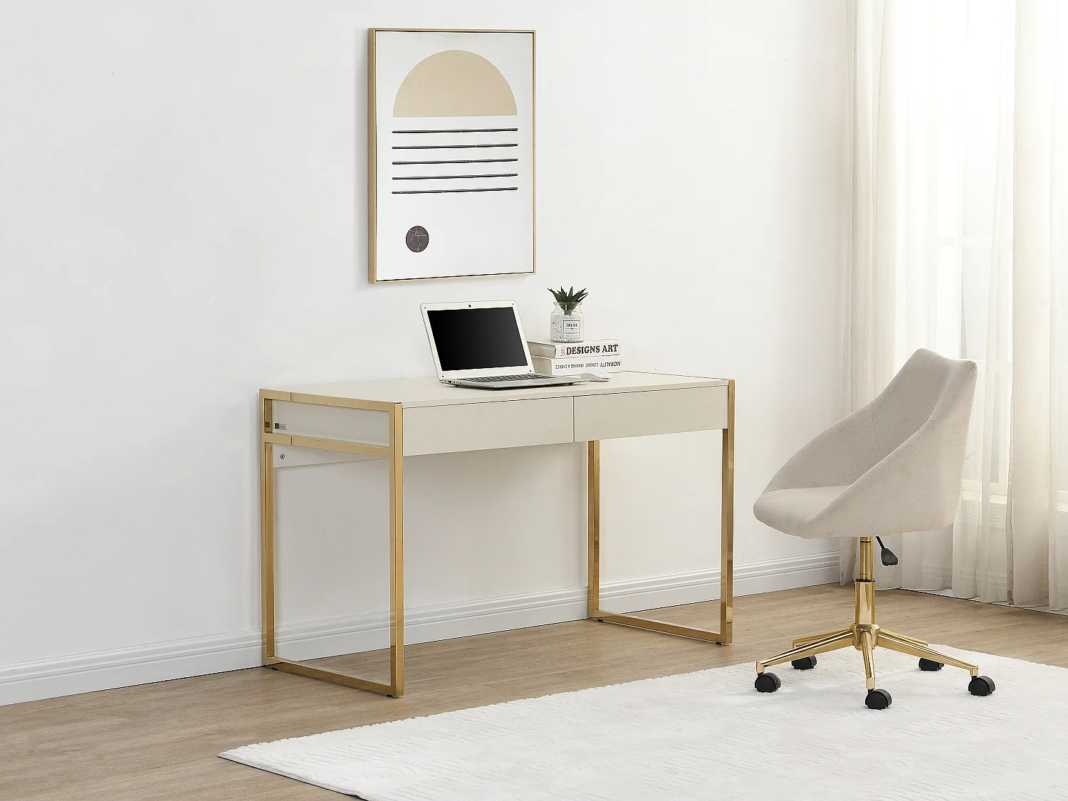 Escritorio con 2 cajones - MDF y metal - Beige y dorado