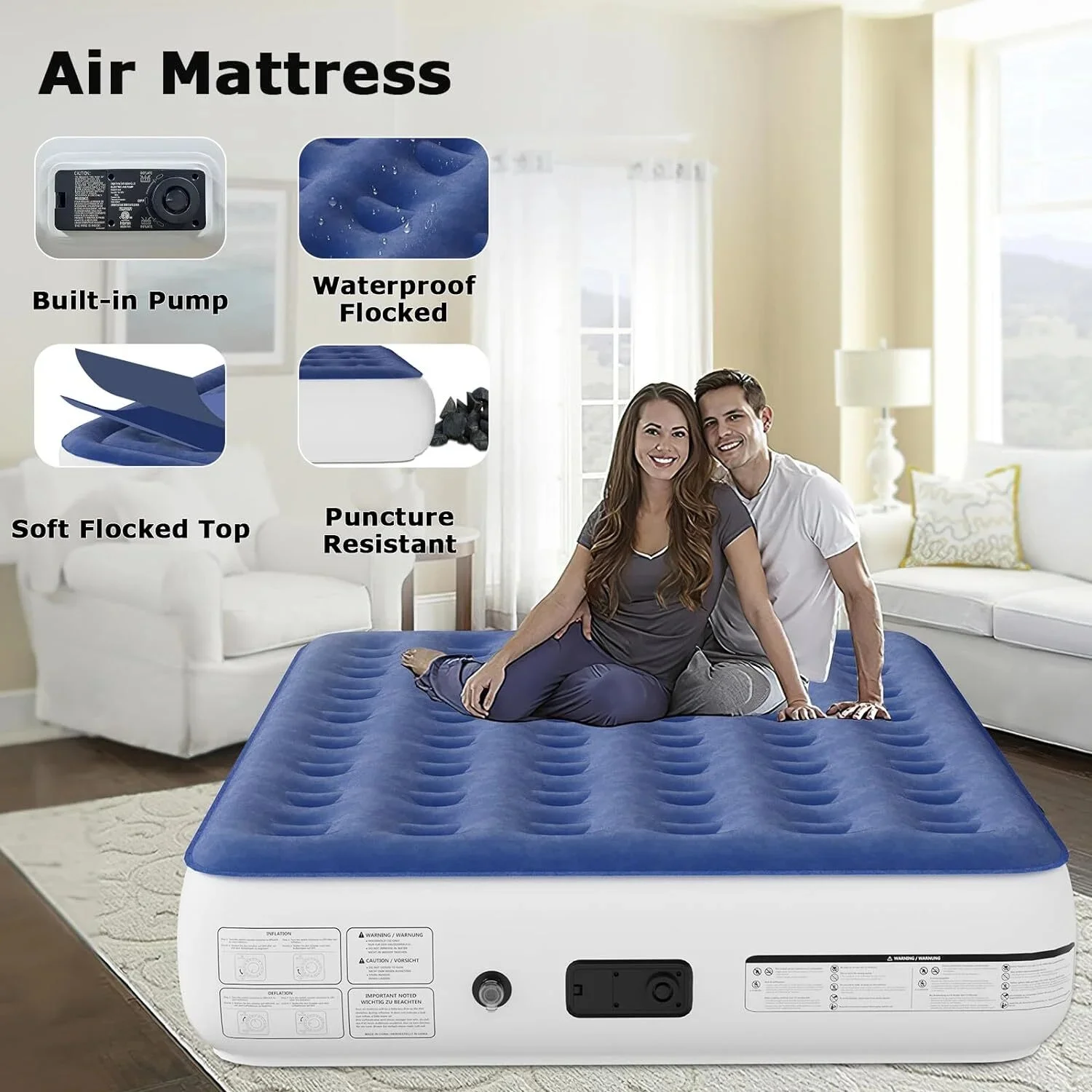 13" Queen Air Mattress, Portable Inflatable Blow Up Bed with Built-in Pump, Air Bed for Camping, Beach, Outdoor, Guest, Blue - Image 5
