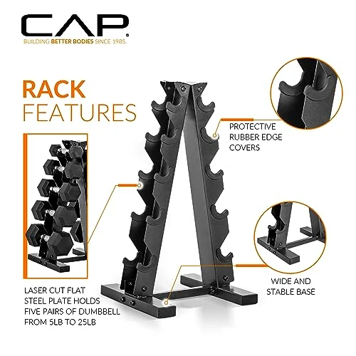 CAP Barbell 150 LB Coated Hex Dumbbell Weight Set With Vertical Rack - Black - Image 5 CAP Barbell 150 LB Coated Hex Dumbbell Weight Set With Vertical Rack - Black - Image 5