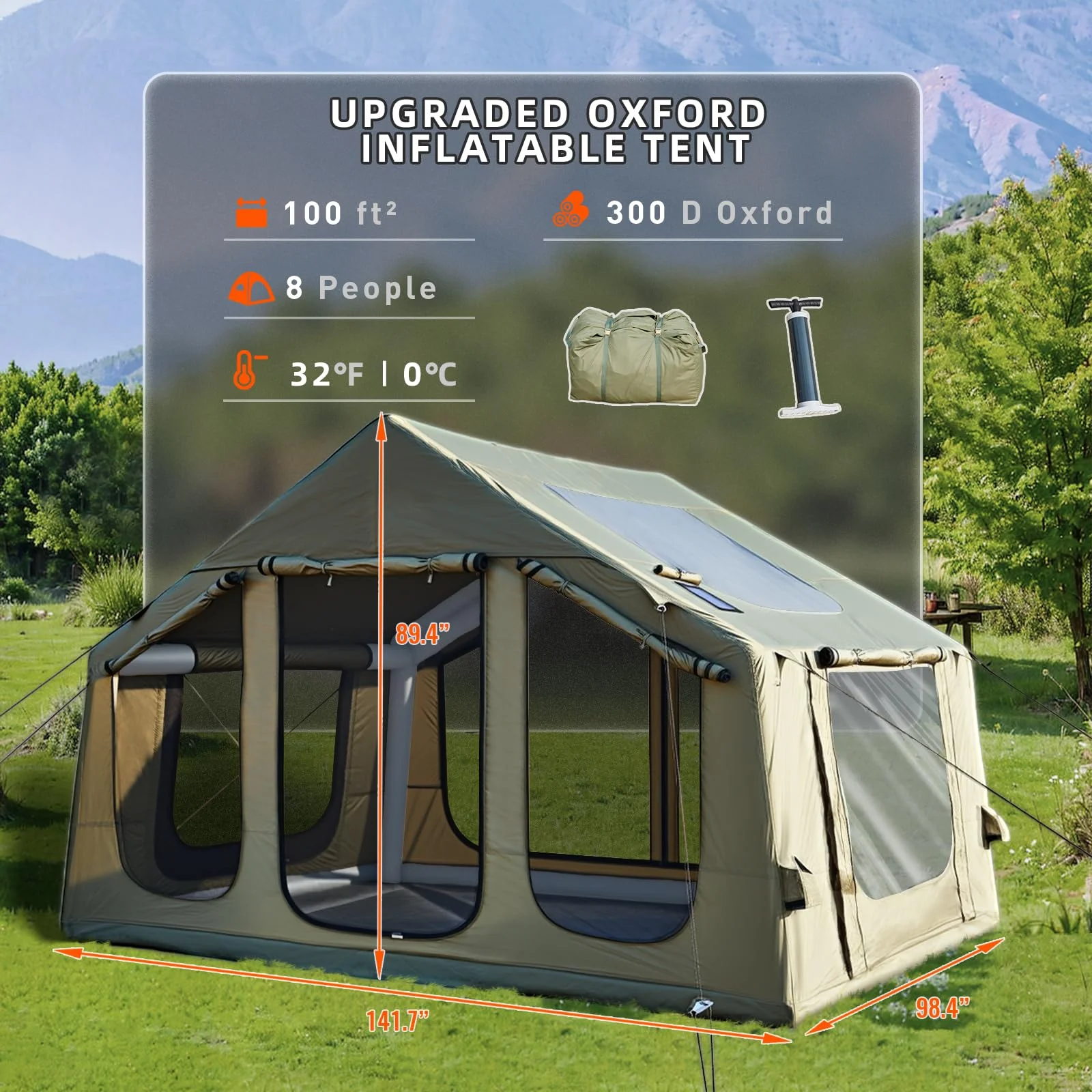 Yoleny 12'x8' Inflatable Tent, 96 SFT Blow Up Tent for Camping, 4 Season Oxford Glamping Tents with Clear Skylight, Pump & Stove Jack - Image 20