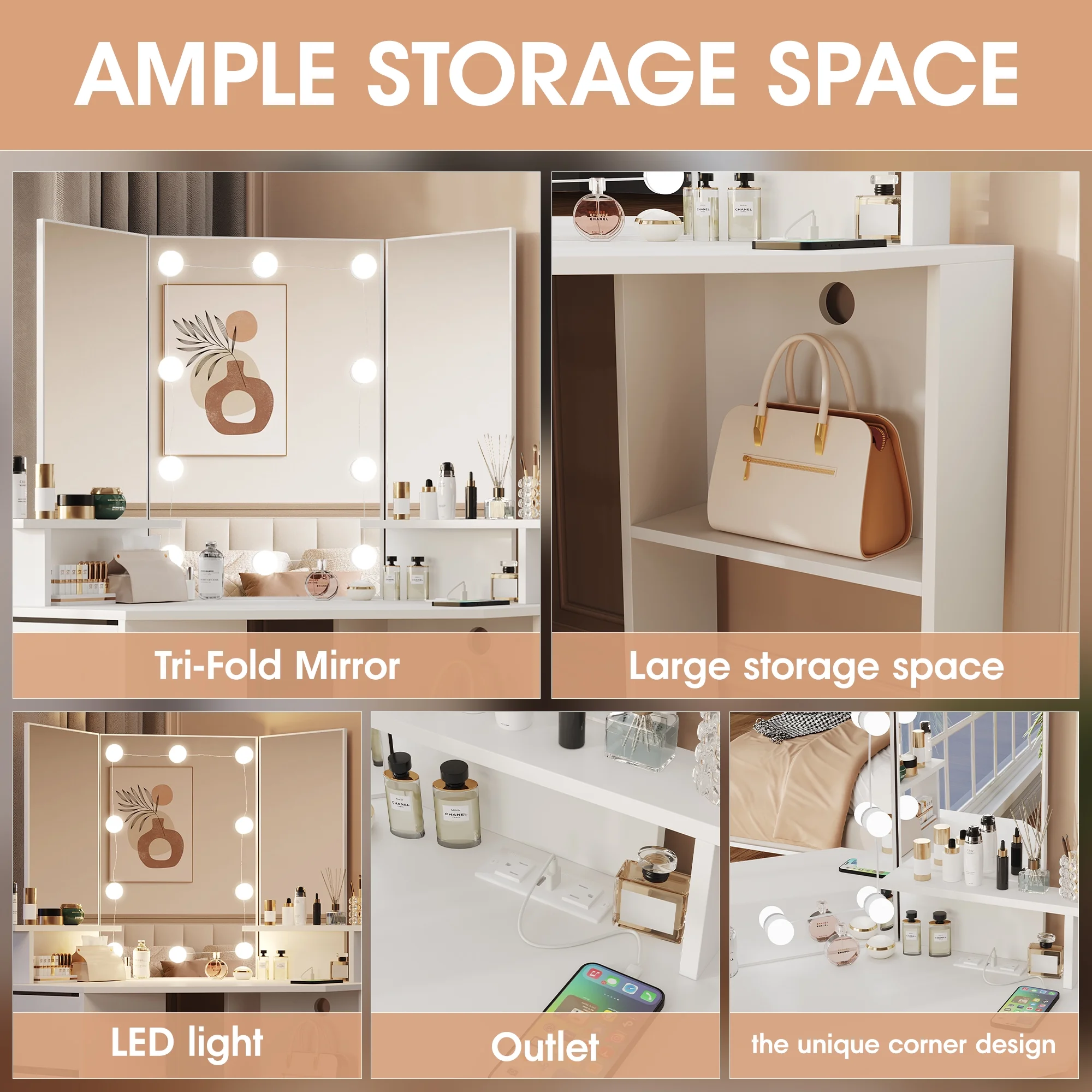 Veanerwood White Corner Vanity Desk with Mirror and Light,Makeup Table with 4 Drawers and Charging Station for Bedroom - Image 10
