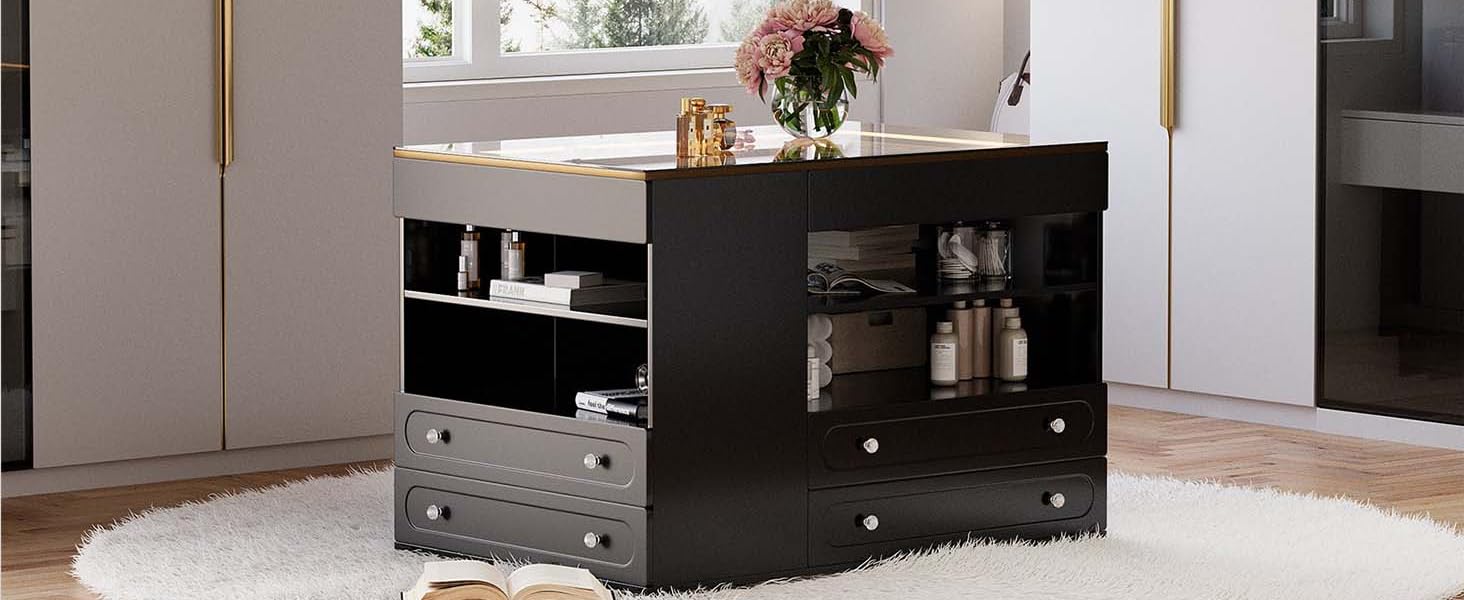 47" Walk-in Closet Vanity Island with LED Light, Jewelry Drawer Organizer, Glass Top