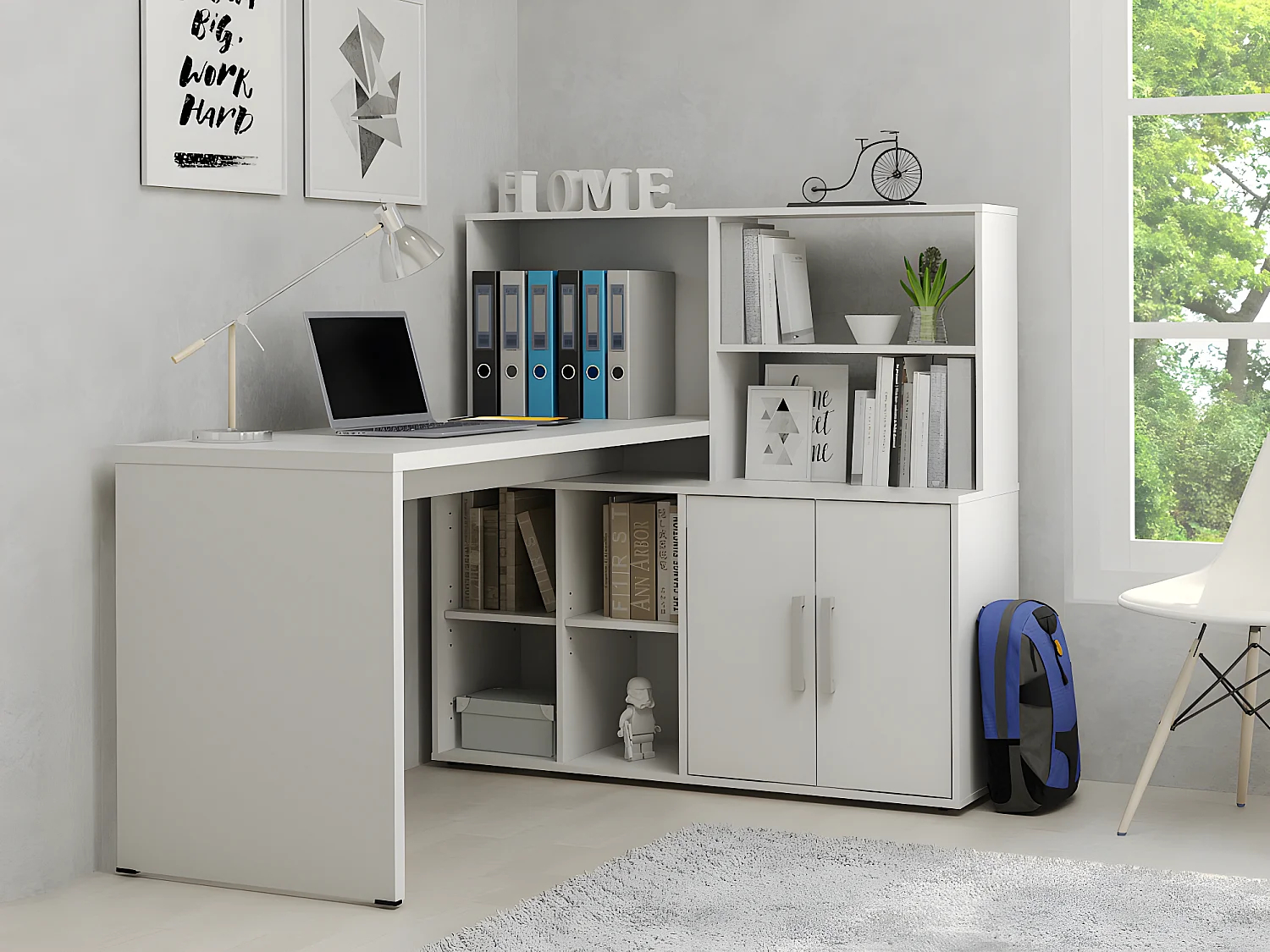 Escritorio rinconera LEON con compartimentos y estanterías - Blanco