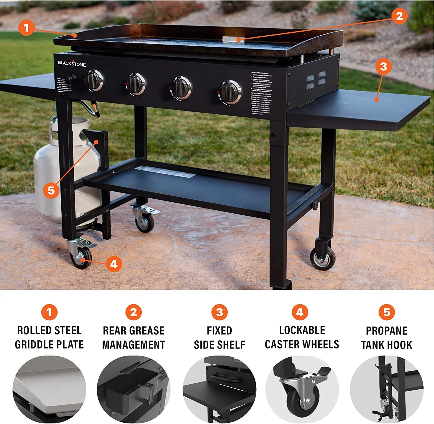 36 Inch Gas Griddle Cooking Station 4 Burner Flat Top Gas Grill Propane Fuelled Restaurant Grade Professional 36- Outdoor Griddle Station with Side Shelf (1554) - Image 2