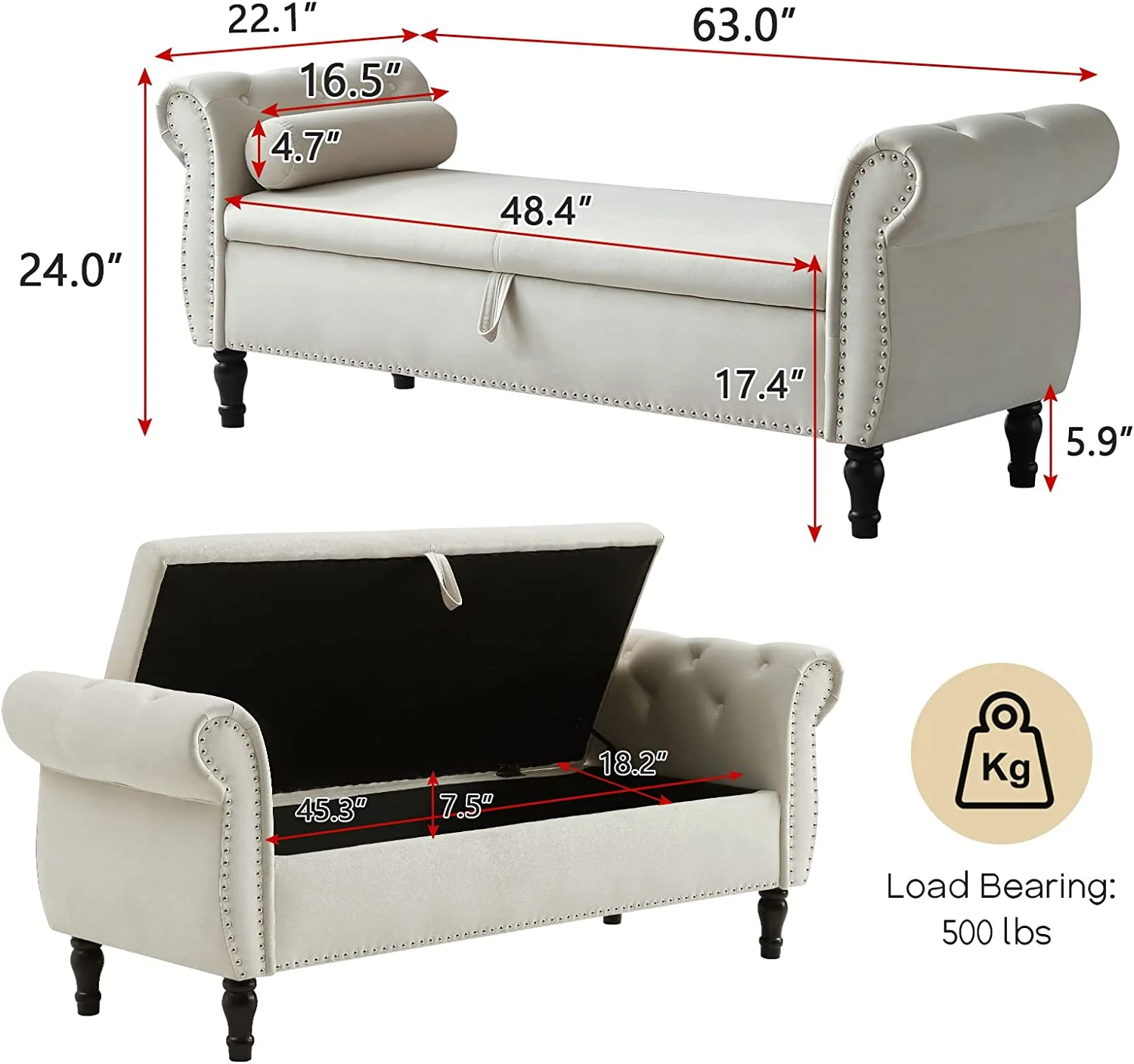 Sumdeal 43.5" Storage Ottoman Bench with 250lb Seating, Linen Upholstered Wood Legs Safety Hinge Flip Top Oval Foot Rest Long Stool for Sofa Couch Bedroom End of Bed Living Room Entryway, White - Image 88