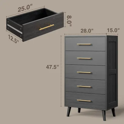 Bedroom Furniture Set - Includes Queen Bed Frame, Nightstands Set of 2, 5 - Drawer Dresser & Double Wide 6 - Drawer Dresser - Modern Storage Solution for Stylish Home Decor, Black