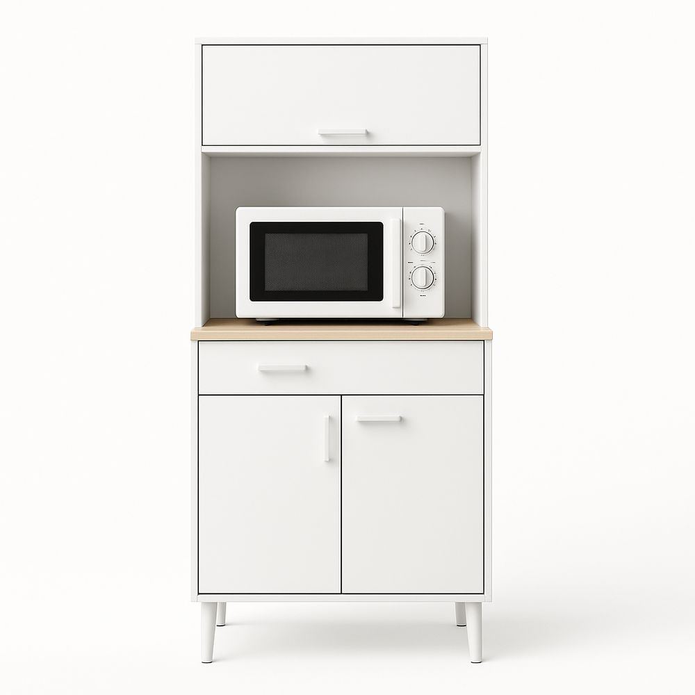 Mueble de cocina blanco moderno con estante, armario y superficie de madera