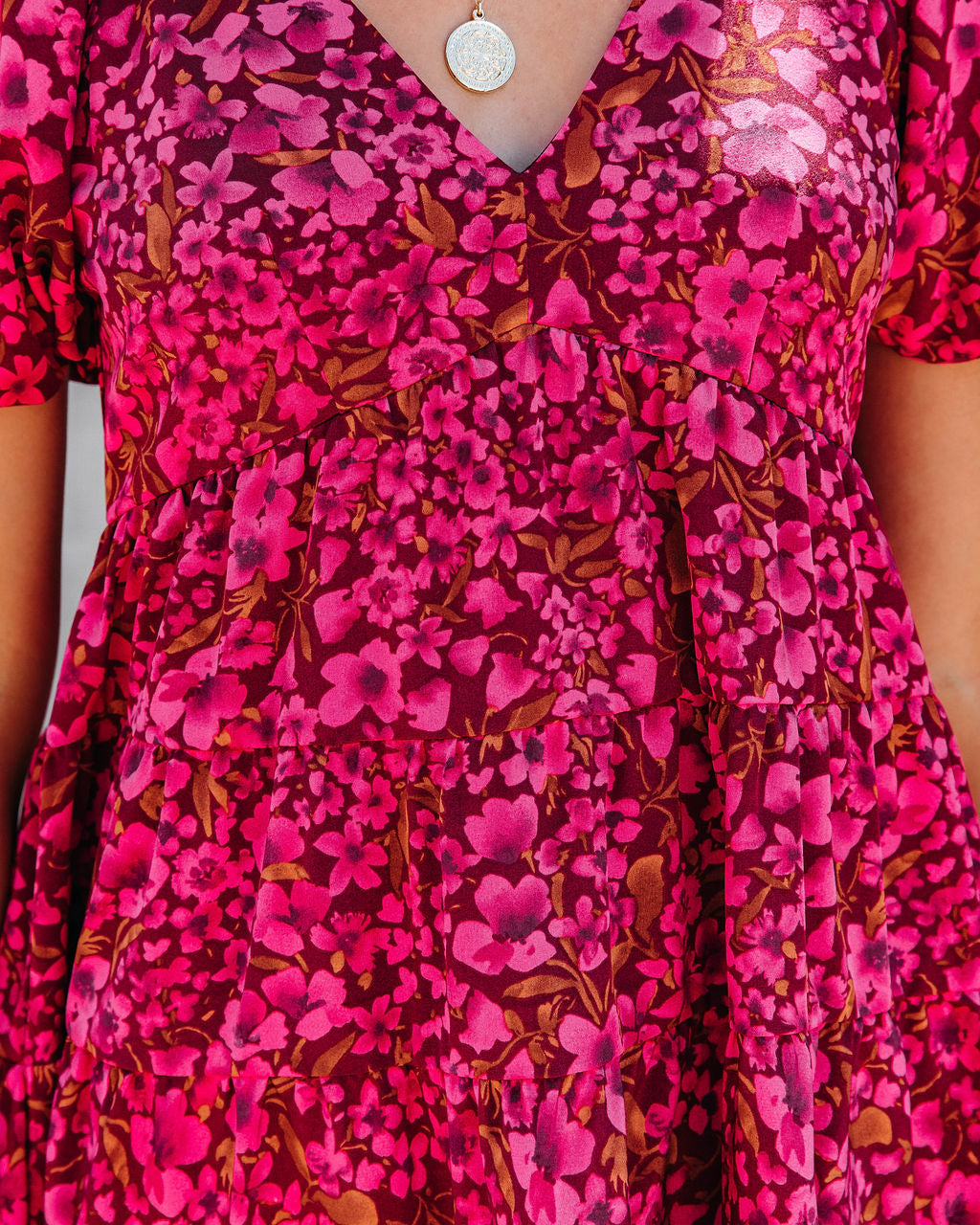 Picking Flowers Tiered Puff Sleeve Babydoll Dress - Burgundy - Se7enfashion