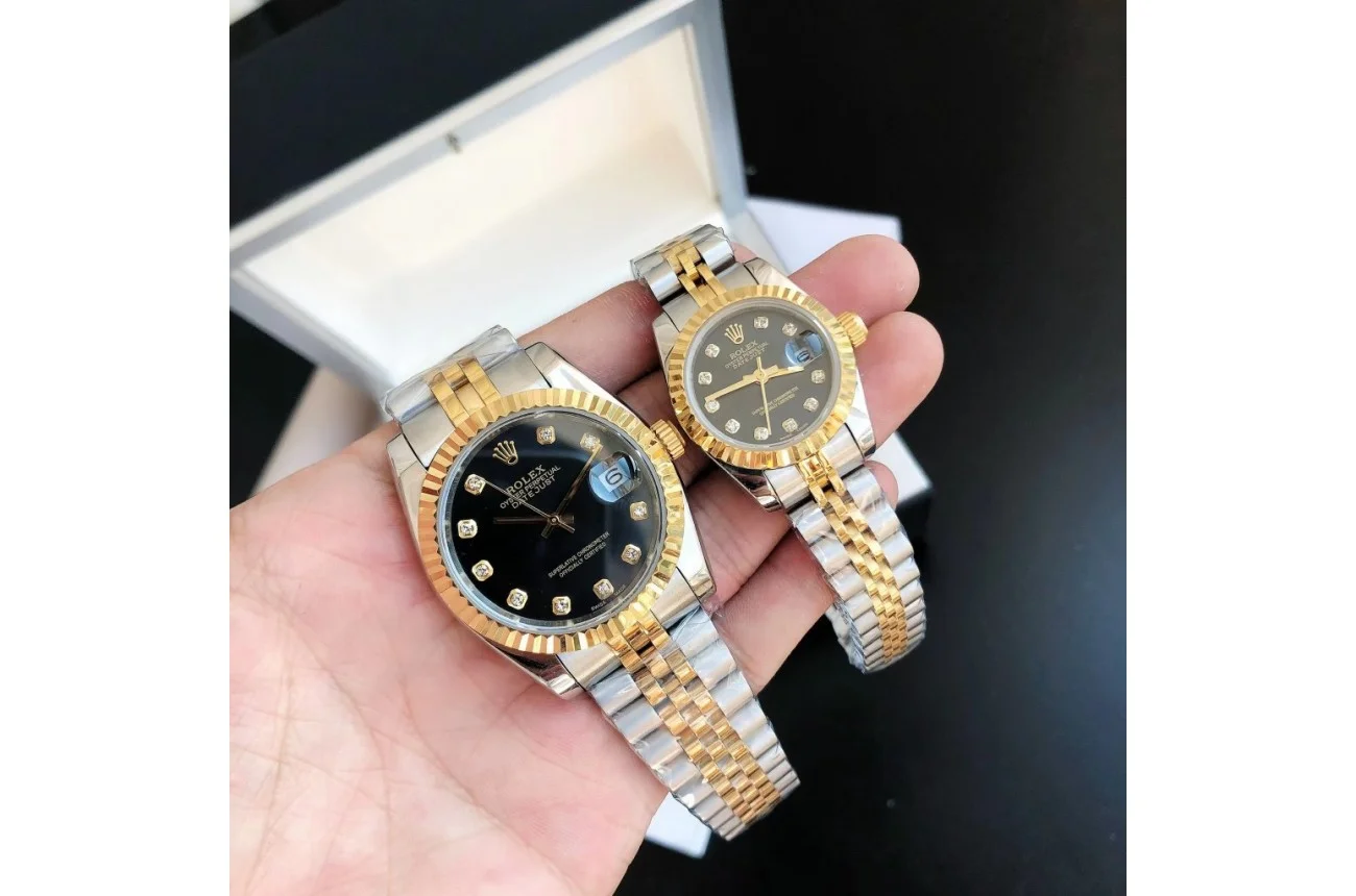 Couple Watches Rolex Datejust 36/28mm RG/SS Jub Black/Dia