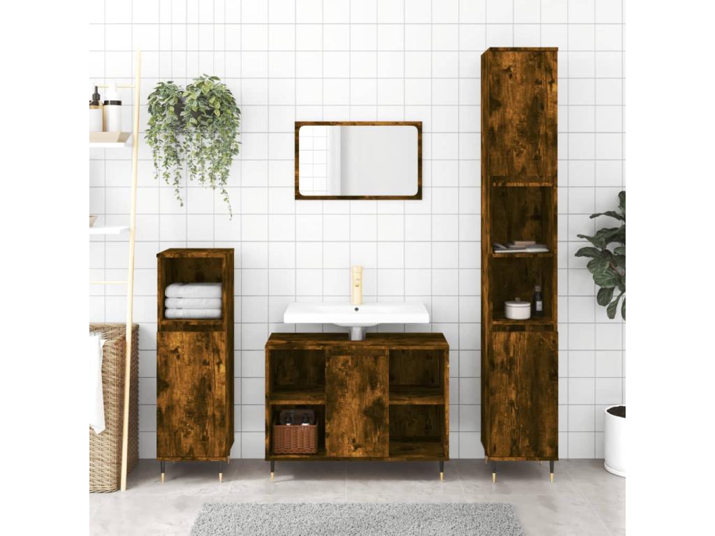 Armario de baño madera contrachapada roble ahumado 30x30x100 cm