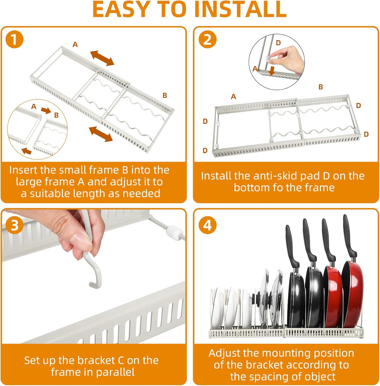 ROOHUA Pot Rack - Expandable Pot & Pan Organizer for Cabinet, 10 Adjustable Compartments (Apricot, 10)
