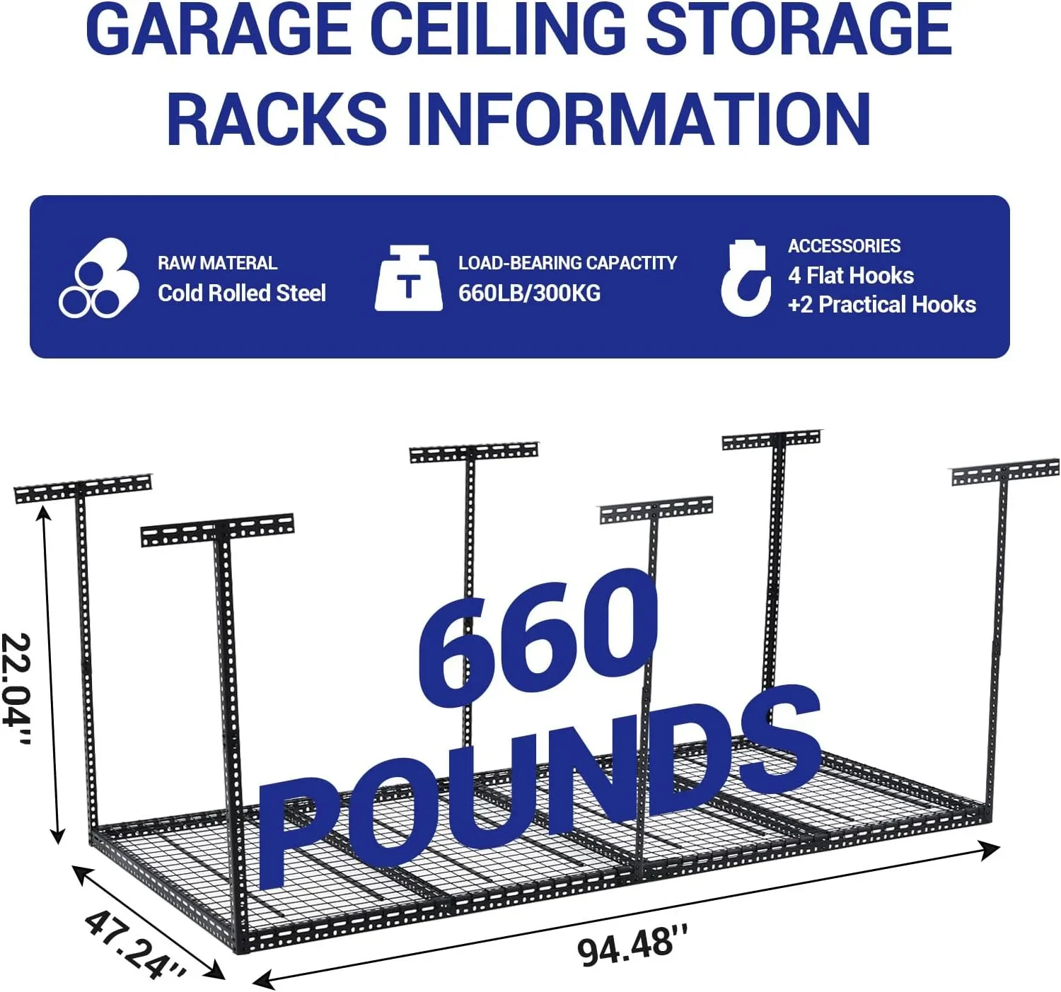Pinypikaka 4'x8' Overhead Garage Storage Rack, 22"-40" Height Adjustable Ceiling Storage Rack 660lbs Weight Capacity