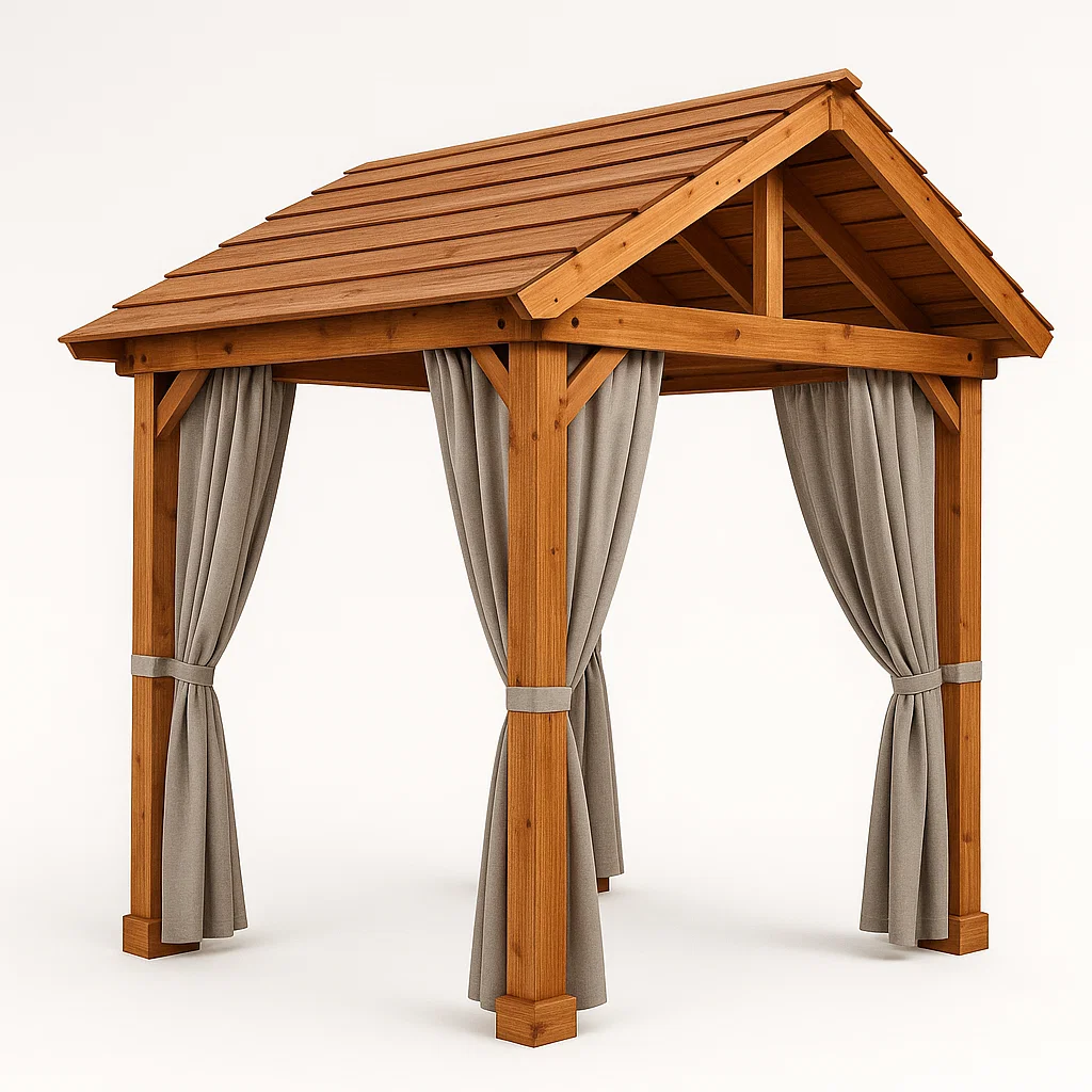 Pérgola de madera para jardín con cortinas - Color madera - para exterior - 400 cm largo x 340 cm alto x 400 cm profundo aCohafc310qO