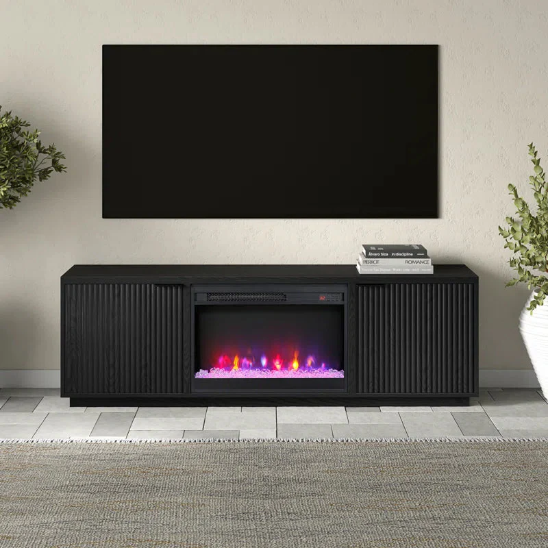 WAYFAIR Black 70'' Rectangular TV Stand With A 26'' Crystal Fireplace, Suitable For TVs Up To 78 Inches.