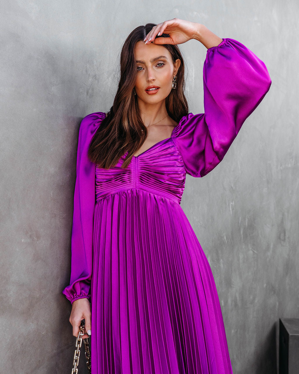 Romantic One Satin Pleated Midi Dress - Purple - Se7enfashion