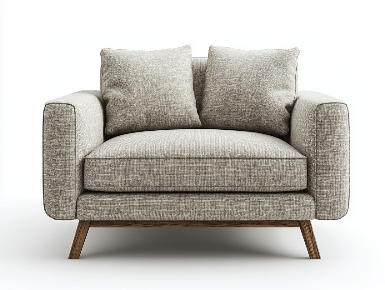 Sillón de tela gris claro con reposabrazos cuadrados y patas de madera
