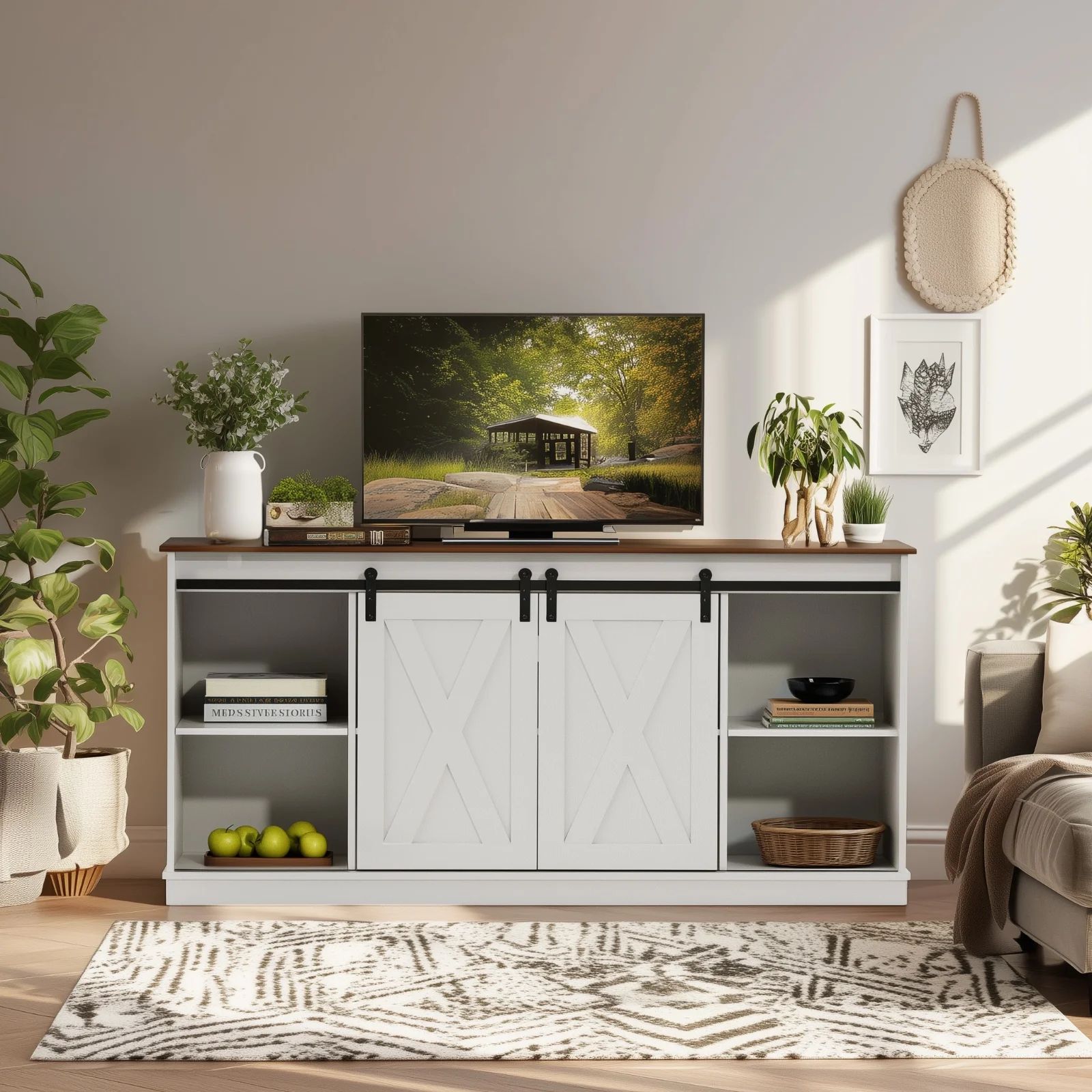 GIANNA TV Stand for Televisions up to 65 Inch, Entertainment Center with Sliding Barn Doors, Storage Cabinets and Media Shelves, Living Room Console Table, White - Image 2
