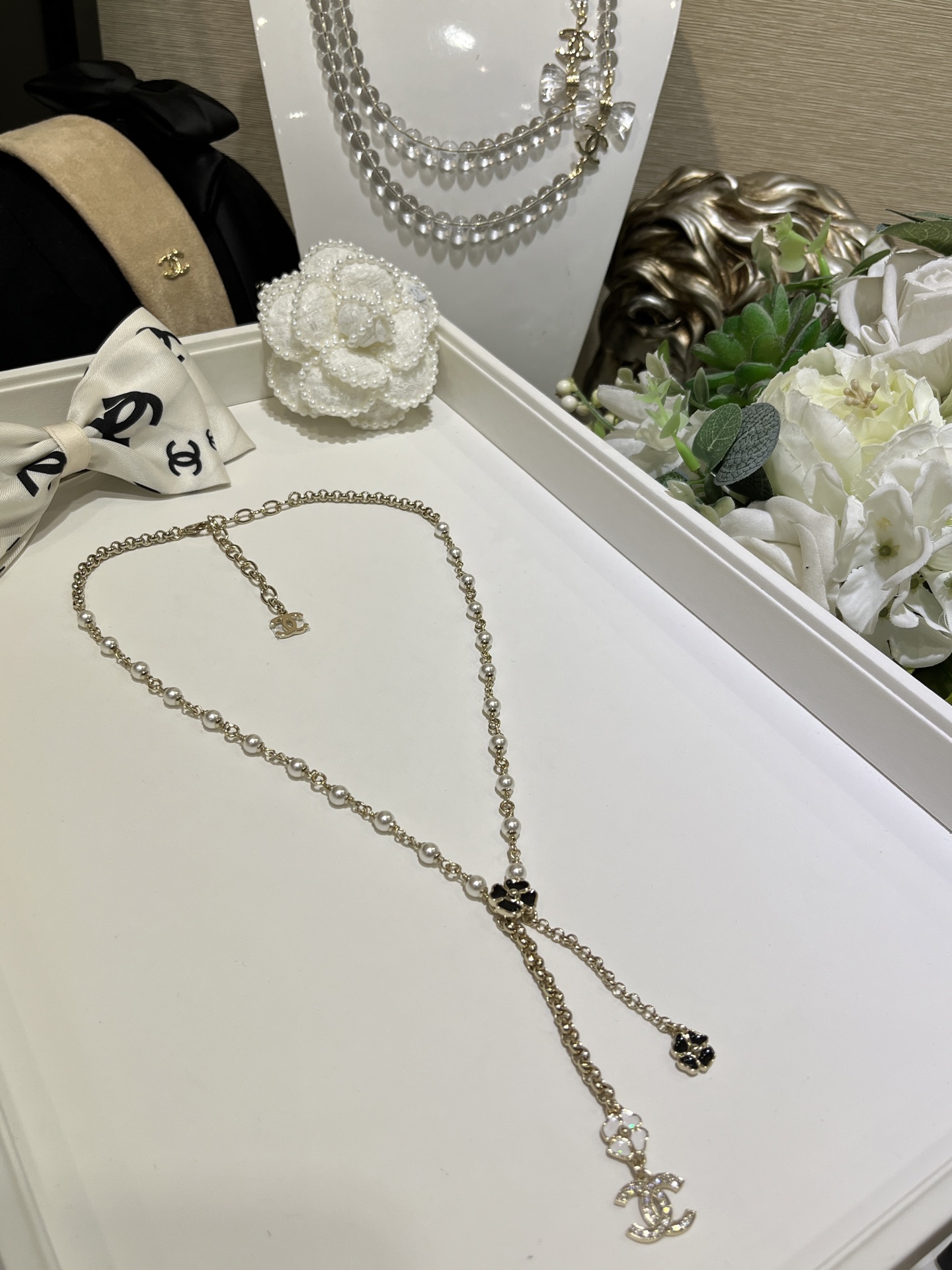 Chanel Pearls and Clover CC Dangle Sweater Necklace - Original Replica Club