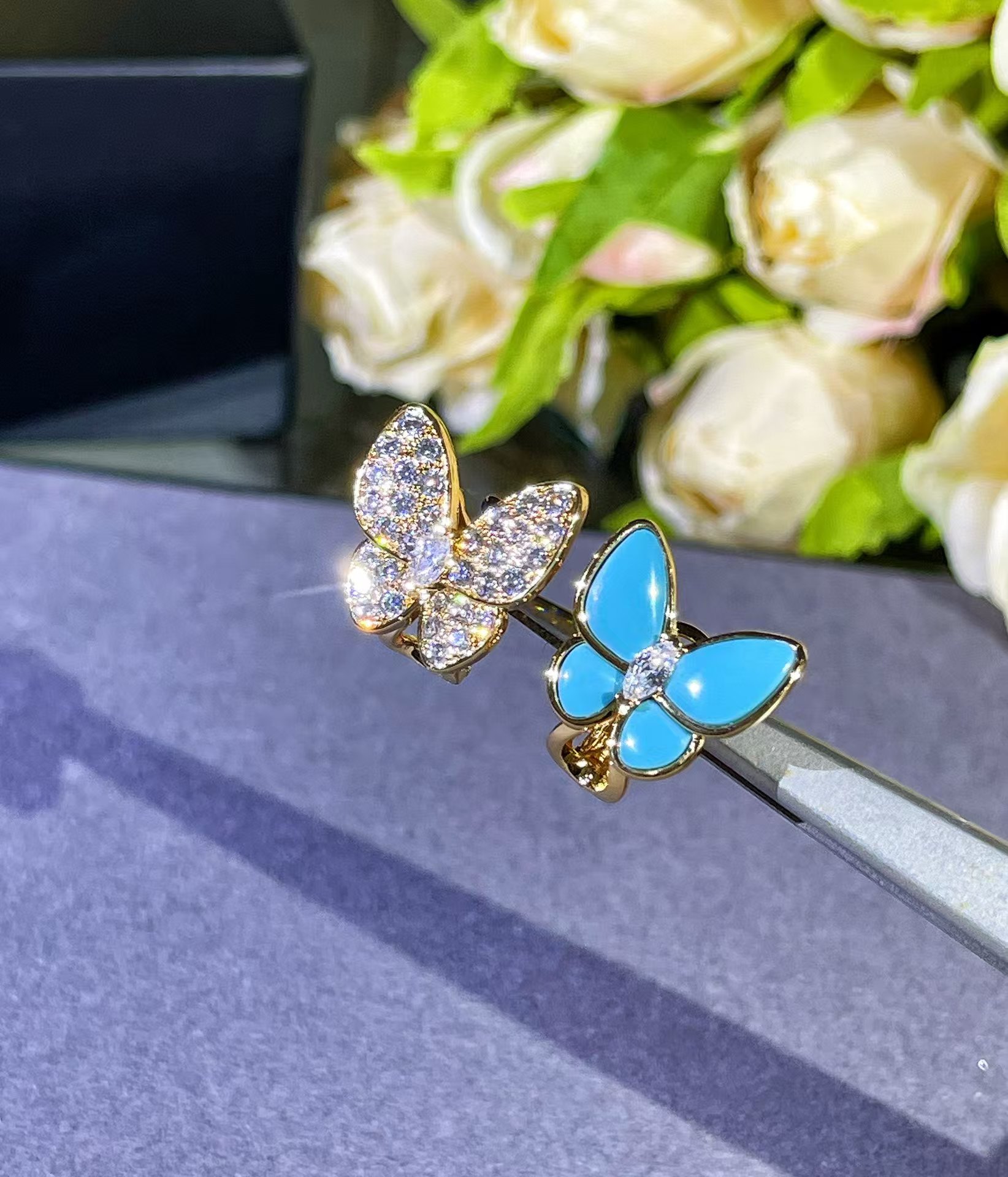 VCA Blue & Diamond Two Butterfly Earrings - Original Replica Club