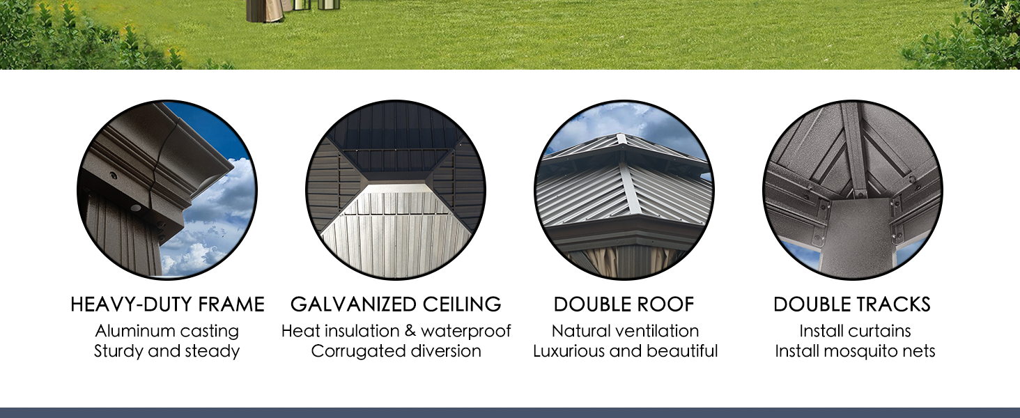 heavy - duty frame, galvanized ceiling, double roof, double tracks, courtyard gazebo