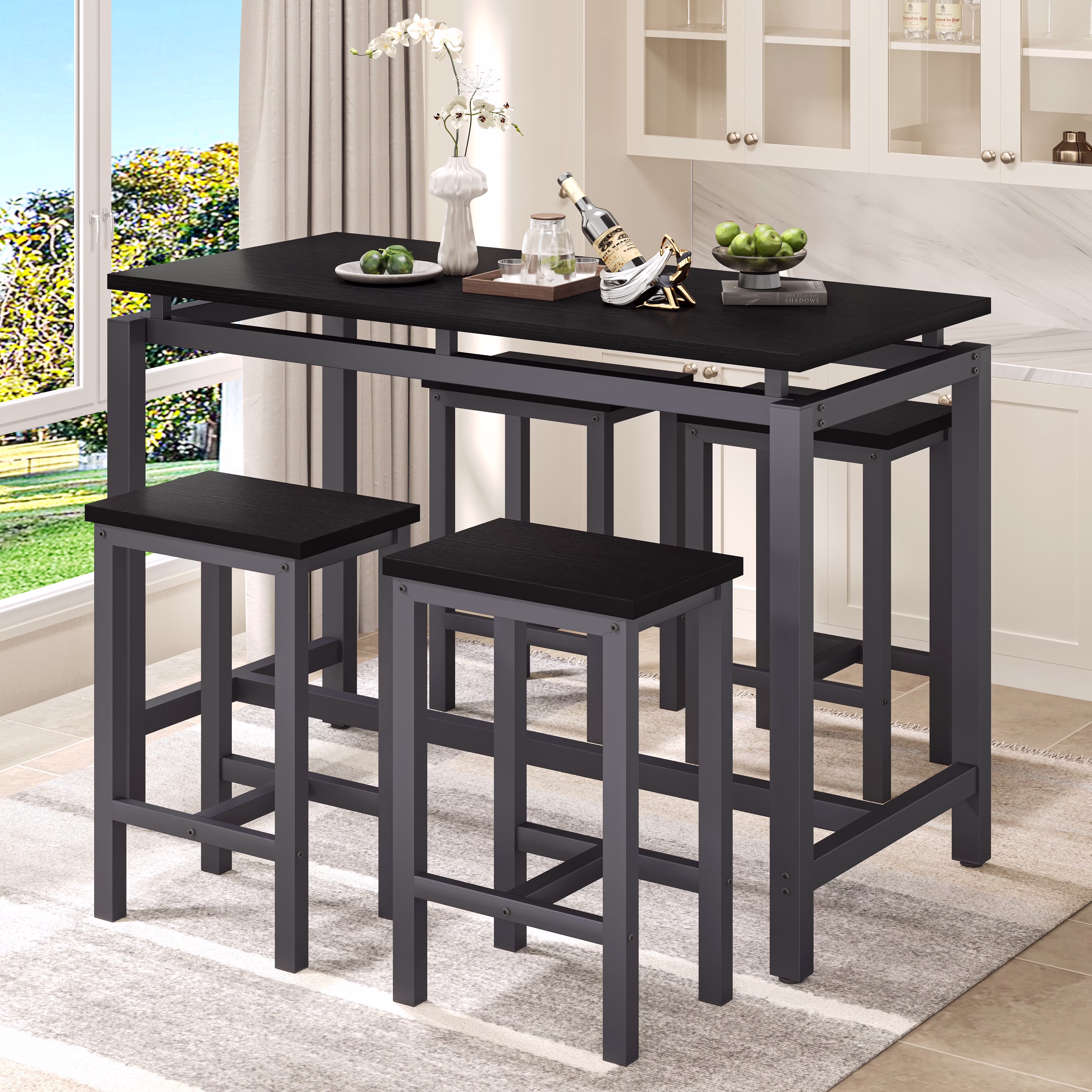 Counter Height Table Set of 5, Breakfast Bar Table and Stool Set, Minimalist Dining Table with Backless Stools, Wood Top Pub Table & Chair Set for Kitchen Apartment Bistro - Space Saving - Image 11