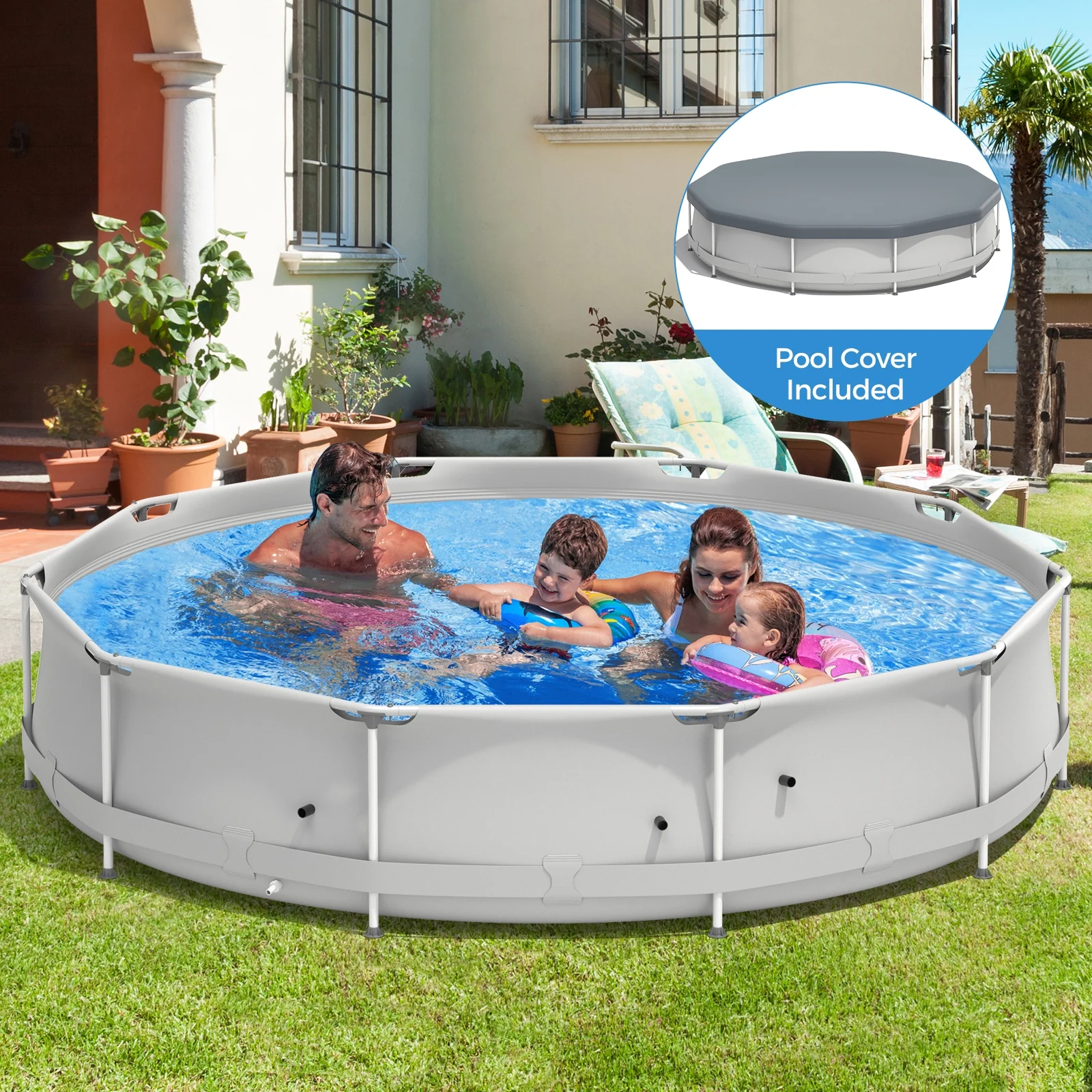 Infans Round Above Ground Swimming Pool Patio Frame Pool W/ Pool Cover Iron Frame Blue - Image 11