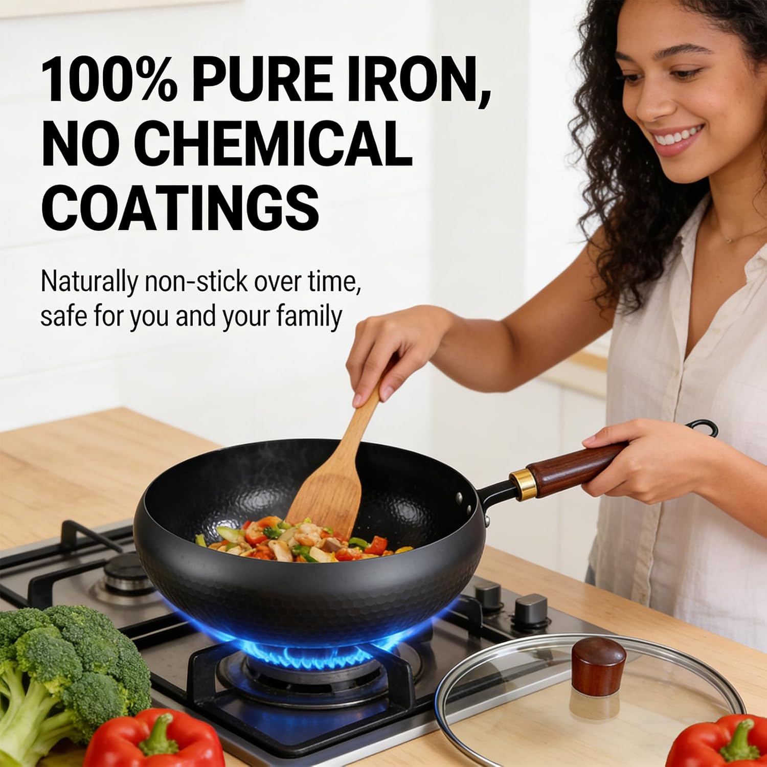 Japanese Cast Iron Pan, 2026 Upgrade Uncoated Thick Iron Pot with Lid, Hand-Forged, Durable and Rust-Free for Kitchen Cooking Frying (Hammered Glass Lid,20cm/7.9'')