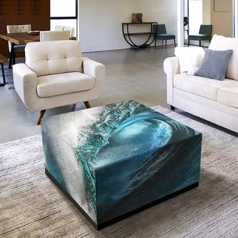 Sapphire Sea Beveled Art Glass Cocktail Table with Black Plinth Base - Reverse Printed Design