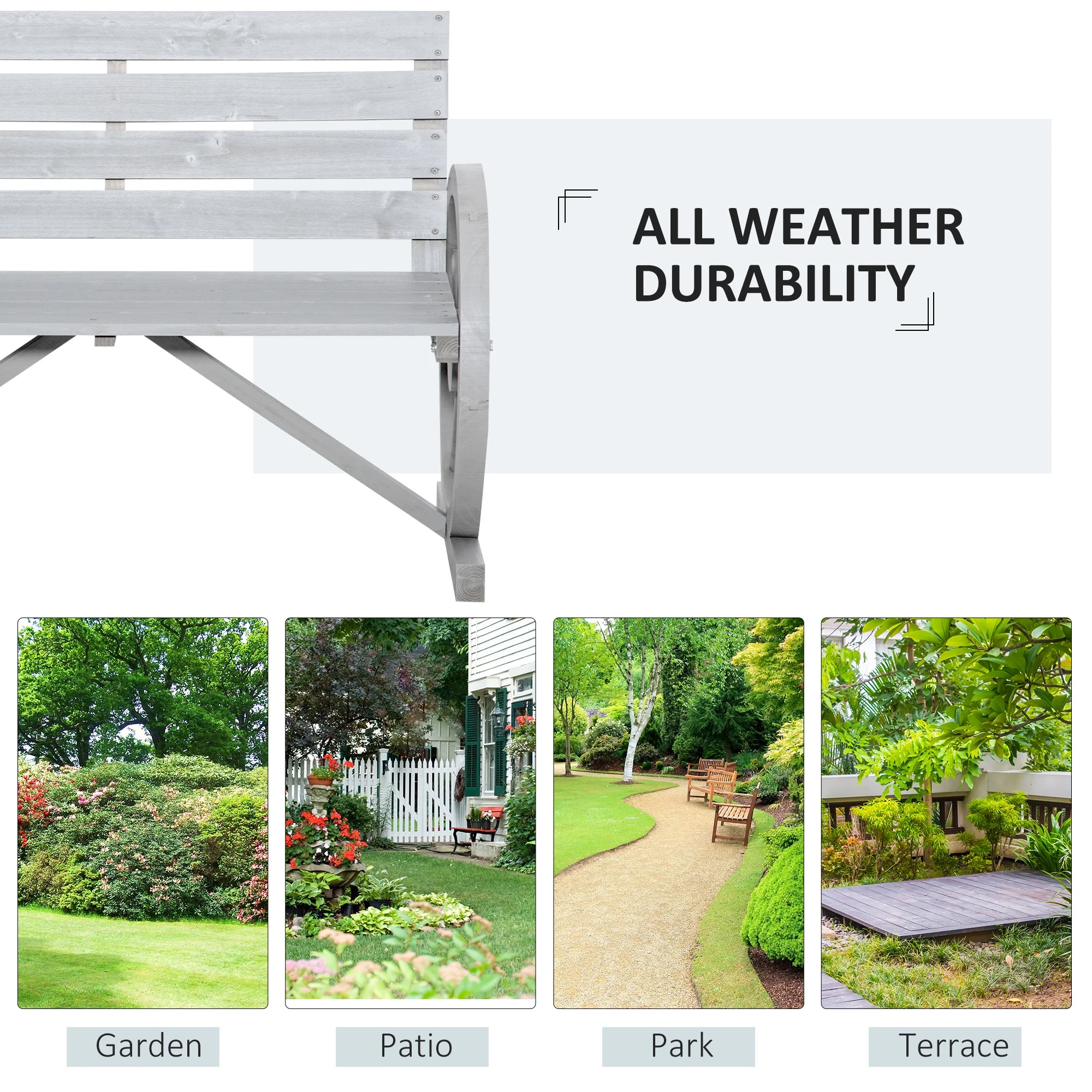 Outsunny Wooden Wagon Wheel Bench Rustic Outdoor Patio Furniture, 2-Person Seat Bench with Backrest Carbonized - Image 15