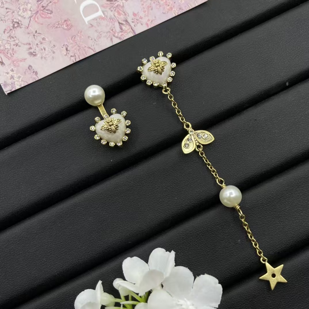 Dior Asymmetric Bee Heart Stud Long Drop Star Earrings - Original Replica Club