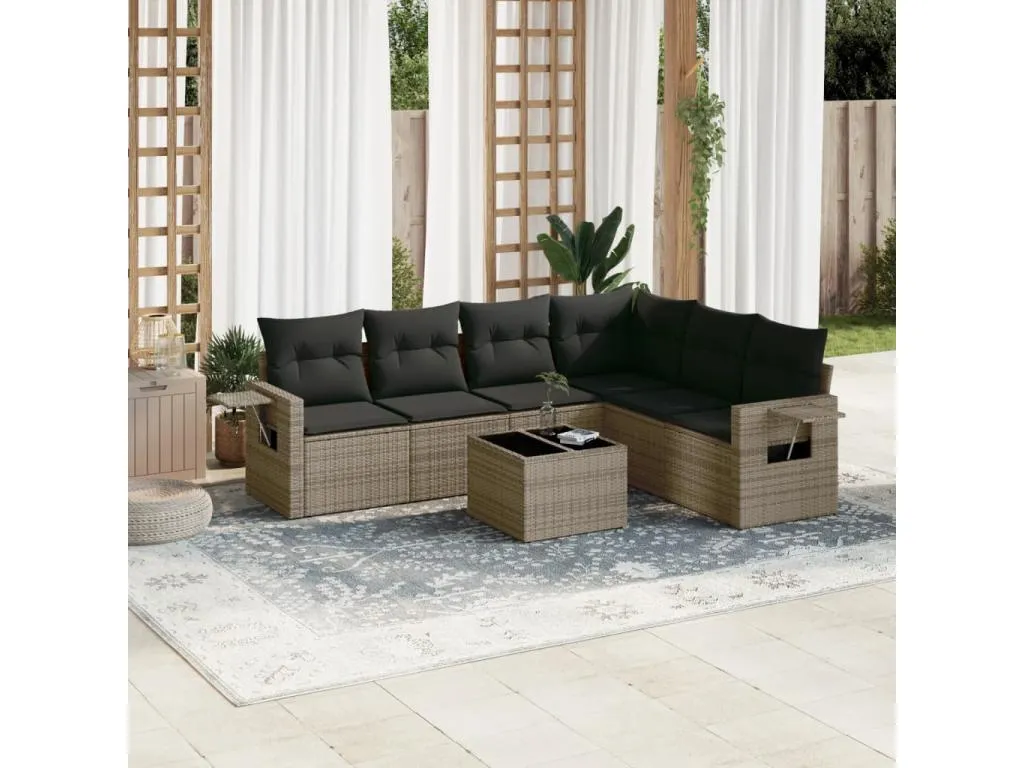 Set de sofás de jardín 7 piezas con cojines ratán PE gris 28761rwuy