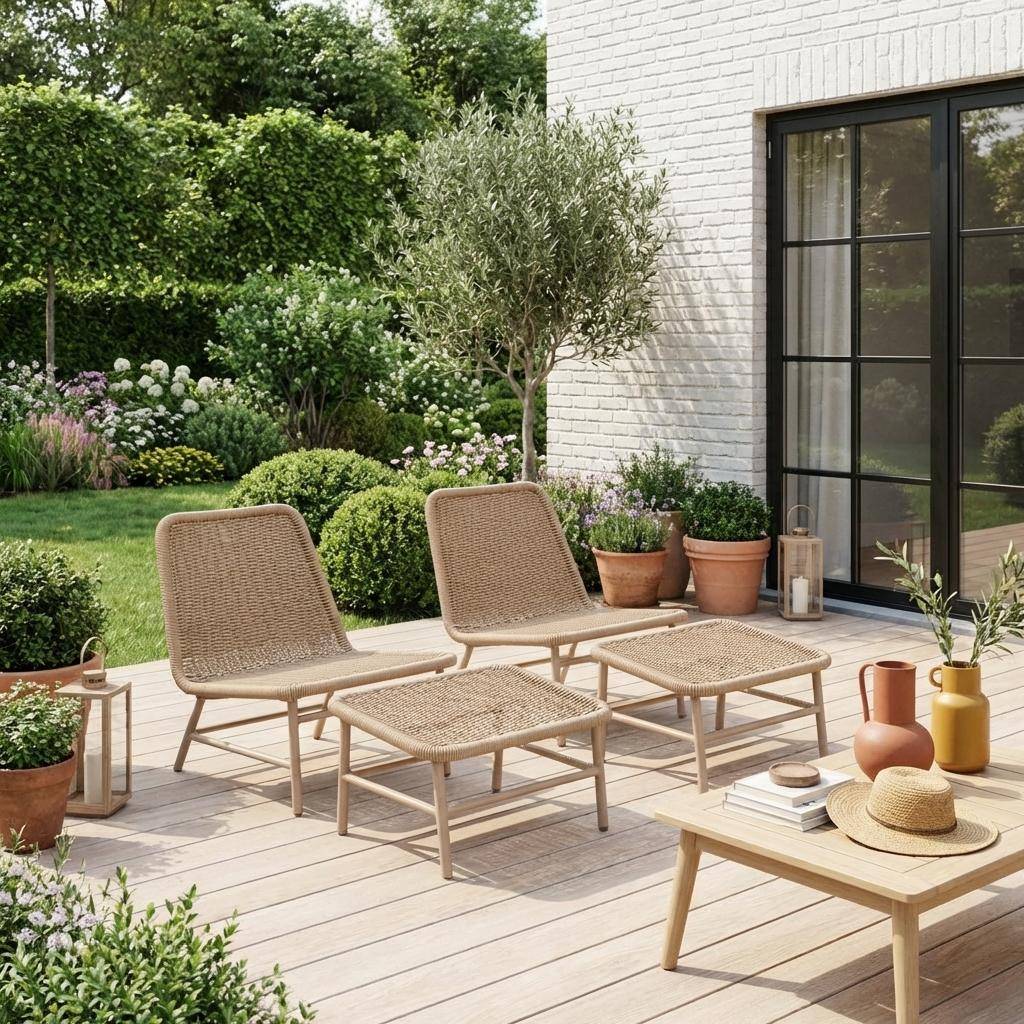 Laguna - Sillón relax y reposapiés de aluminio y cuerda, set de 2