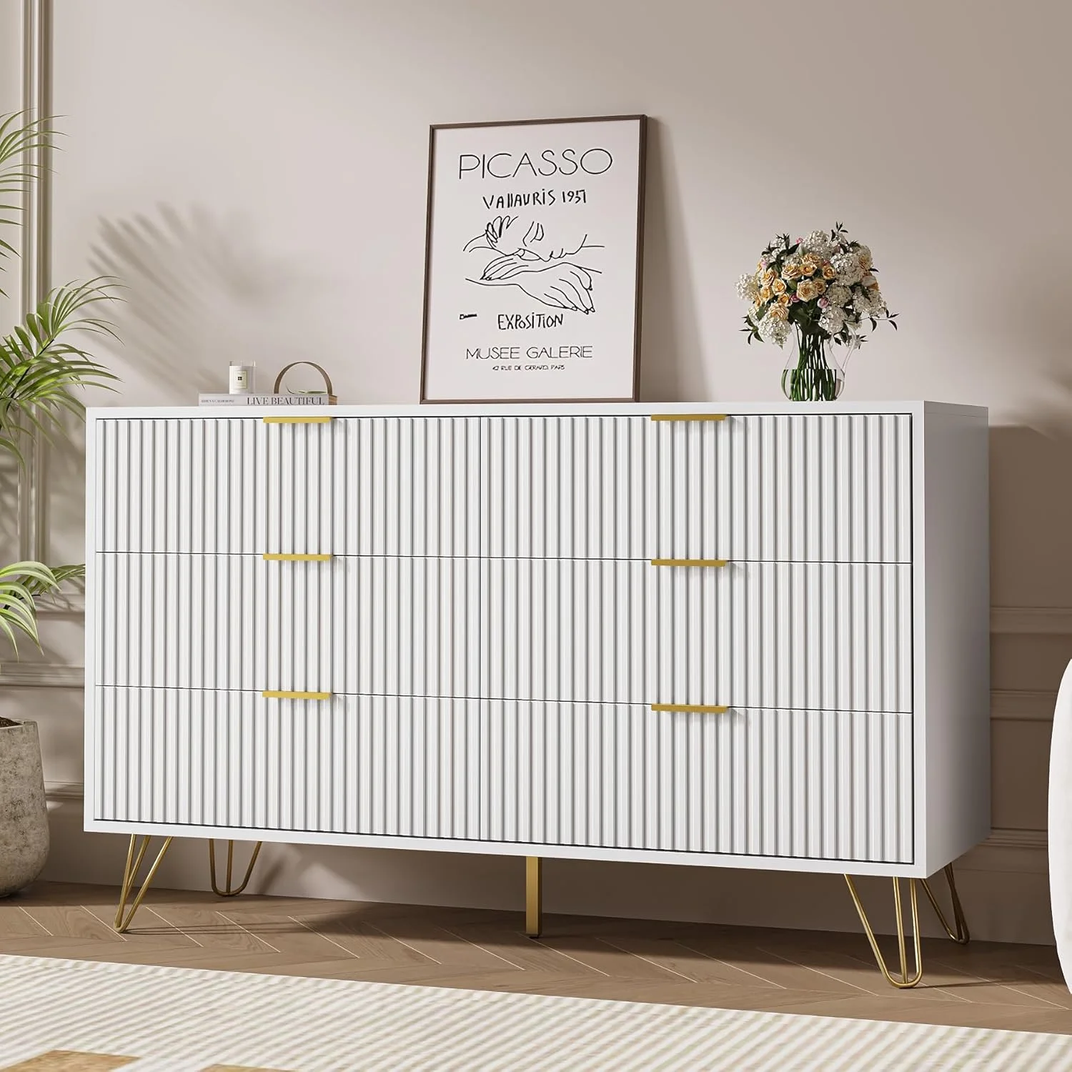 FURNIWAY White 6 Drawer Dresser for Bedroom, Modern Dresser with Gold Metal Handles,Fluted Wood TV Stand for Living Room, Hallway - Image 4