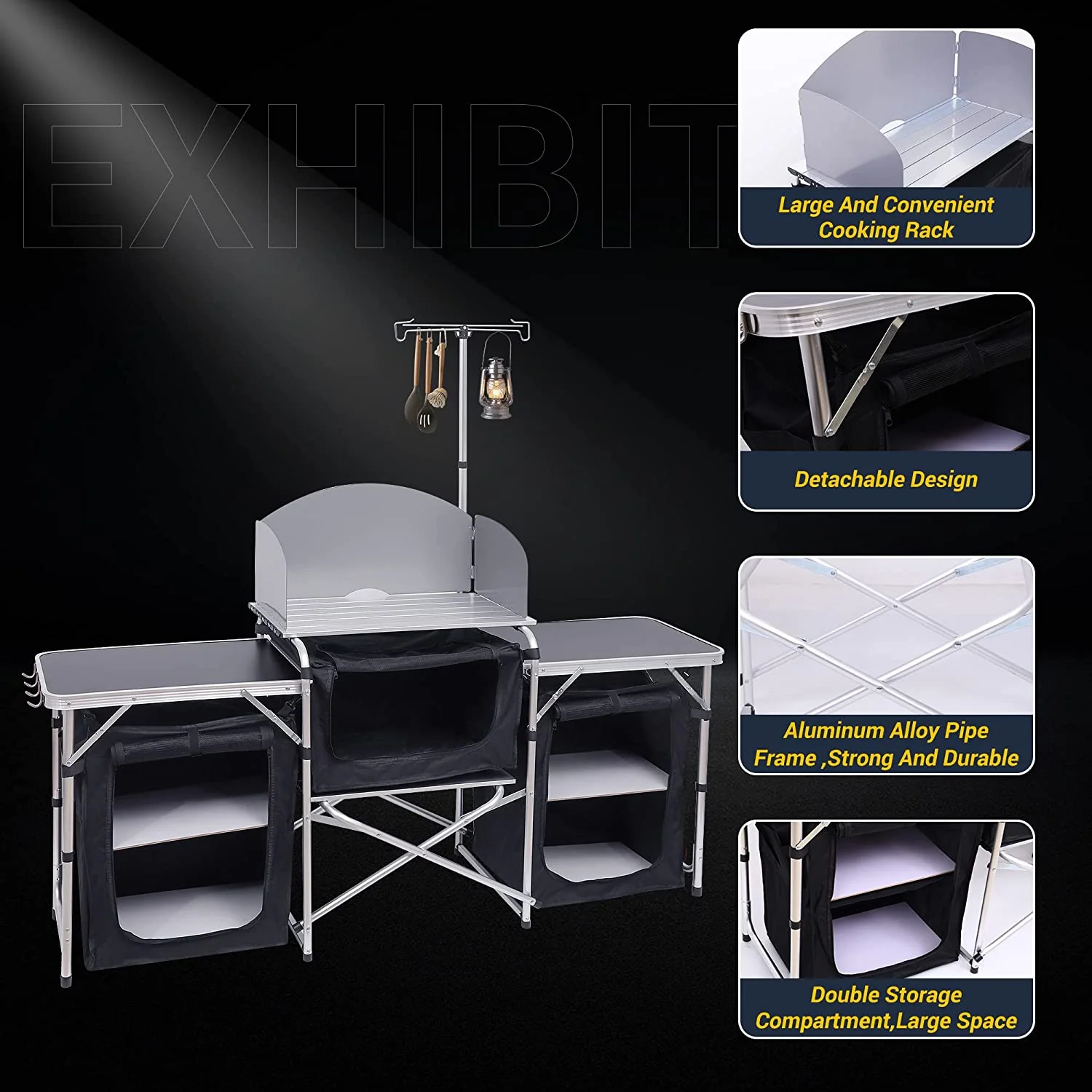 C Camping Kitchen Table, Folding Table, Upgrade Light Stand and Windshield Cooking Station & 3 Organizers, Carry Bag for Outdoor, Beach, BBQ, Picnic, Cooking, Indoor, Office - Image 2