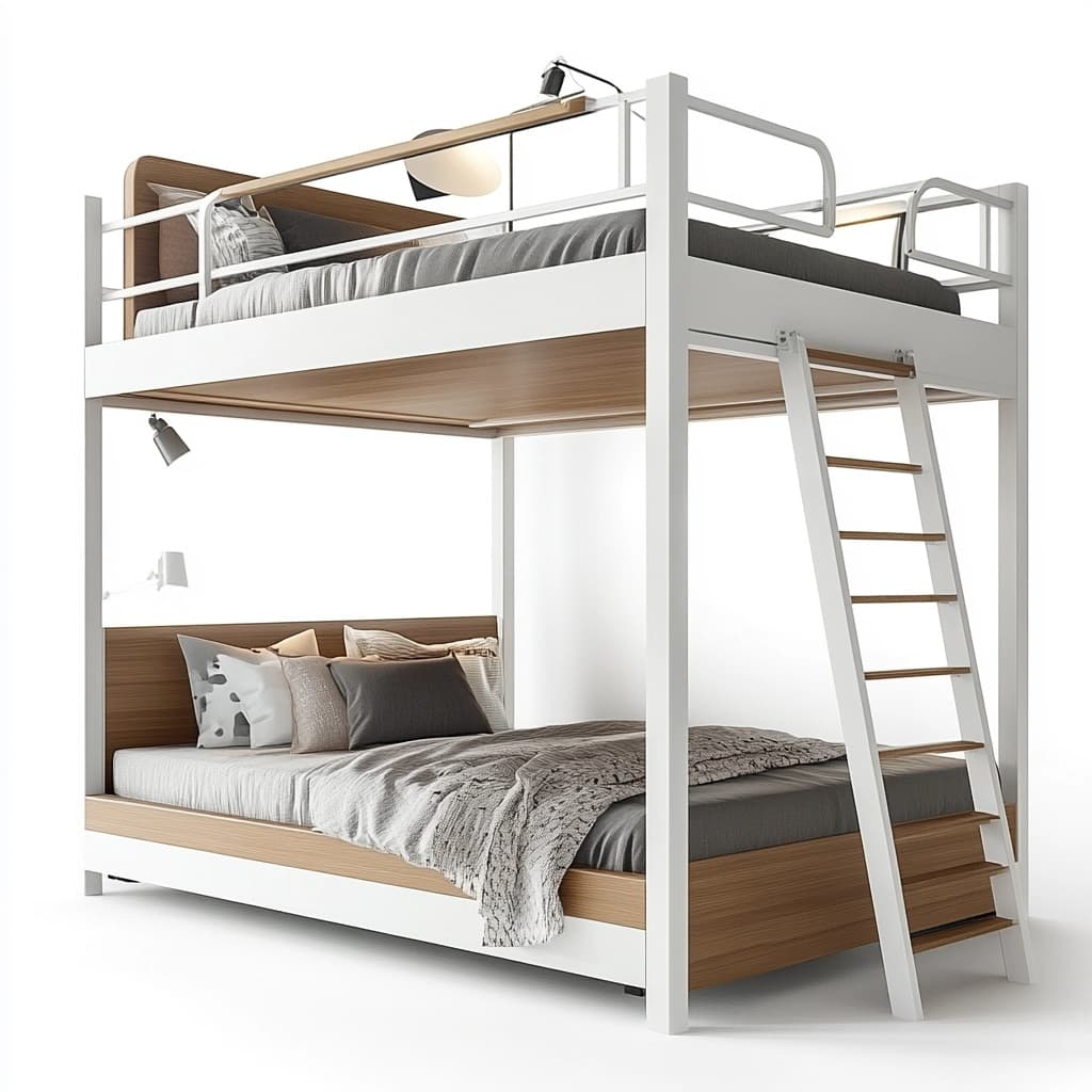 Litera moderna de madera estructura cama litera 200x140/200x160 cm diseño técnico acabado mate madera de pino blanco/marrón claro