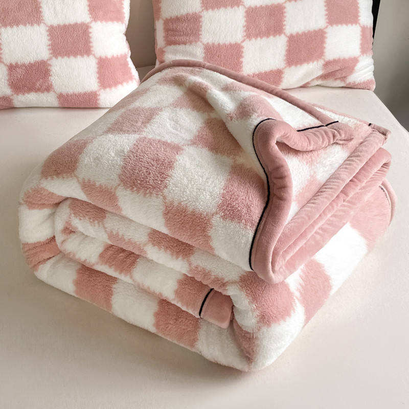 Double Layer Flannel Blanket Checkered Print Thick Warm for Hotel Home
