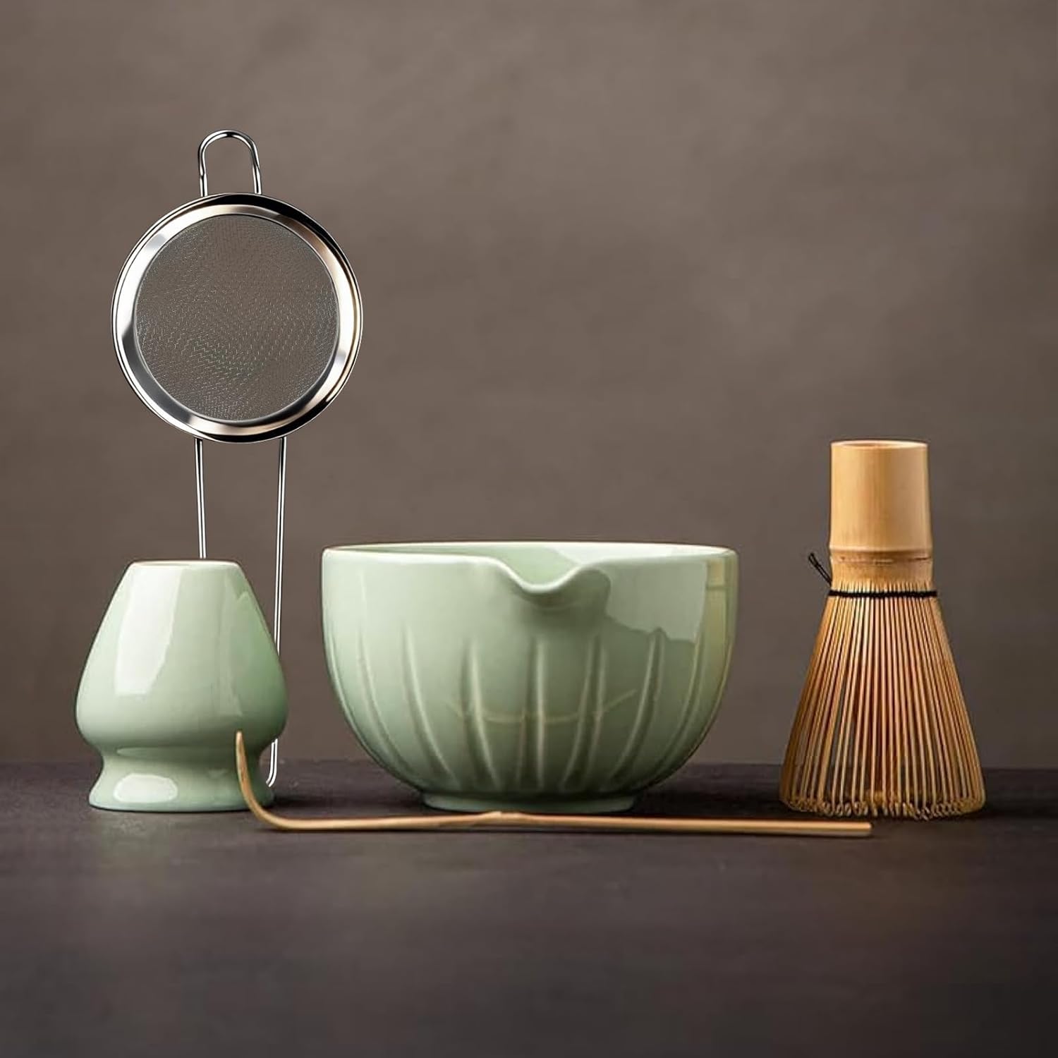 TANG PIN Matcha Set - Match Bowl and Whisk, 15 OZ, Matcha Scoop | Matcha Whisk Stand (Chasen Holder) - 5pc Perfect Matcha Kit for Matcha Tea Ceremony (Mottled Green)