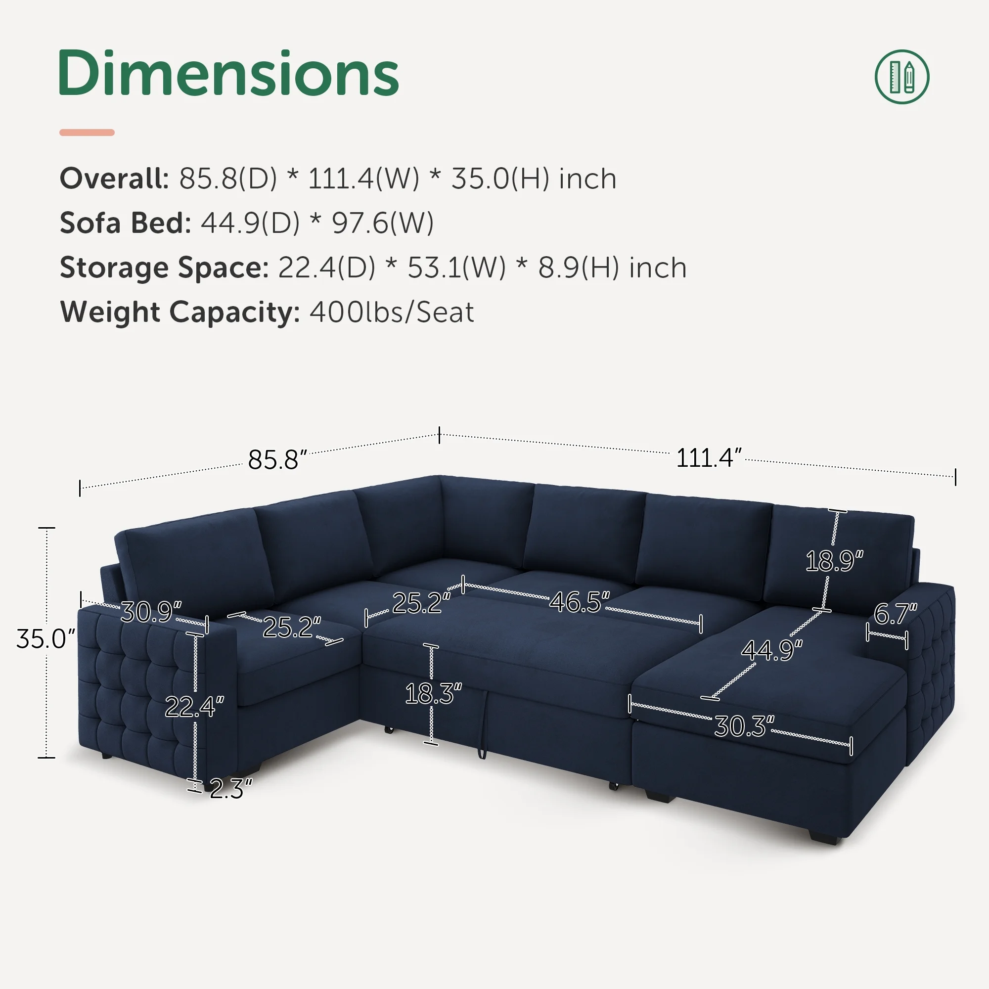 HONBAY Modular Sectional Pull-Out Sofa Bed with Storage Velvet U-Shaped Convertible Sleeper Sofa for Living Room, Blue - Image 2