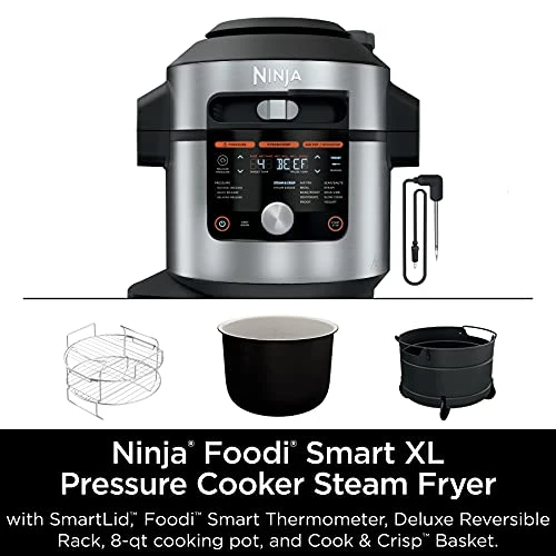 OL701 14 in 1 SMART XL 8 Qt. Pressure Cooker Steam Fryer with SmartLid & Thermometer Auto Steam Release, that Air Fries, Proofs & More, 3 Layer Capacity, 5 Qt. Crisp Basket, Silver/Black