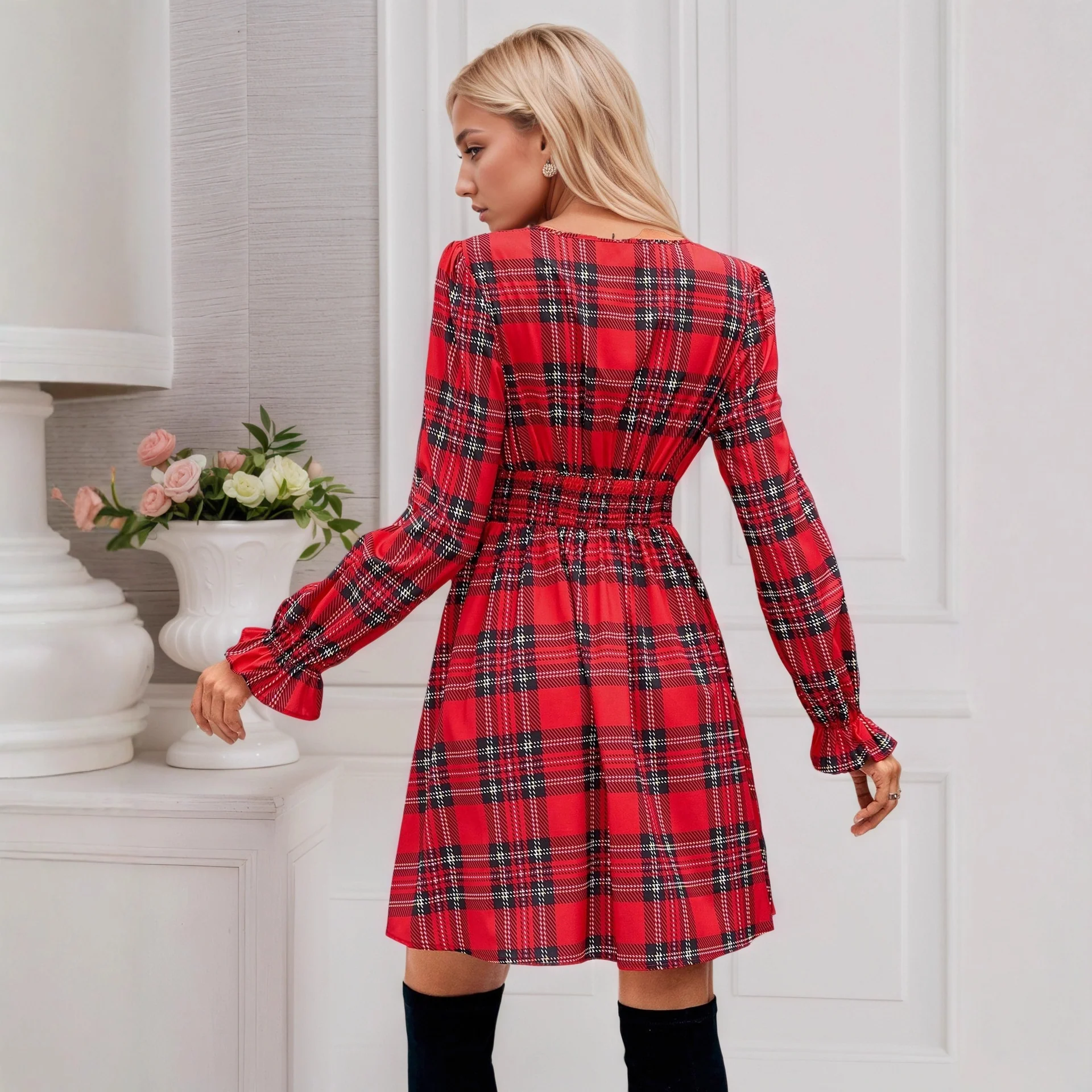 Bow deep V-neck lantern sleeve A-shaped skirt waist plaid dress - Se7enfashion