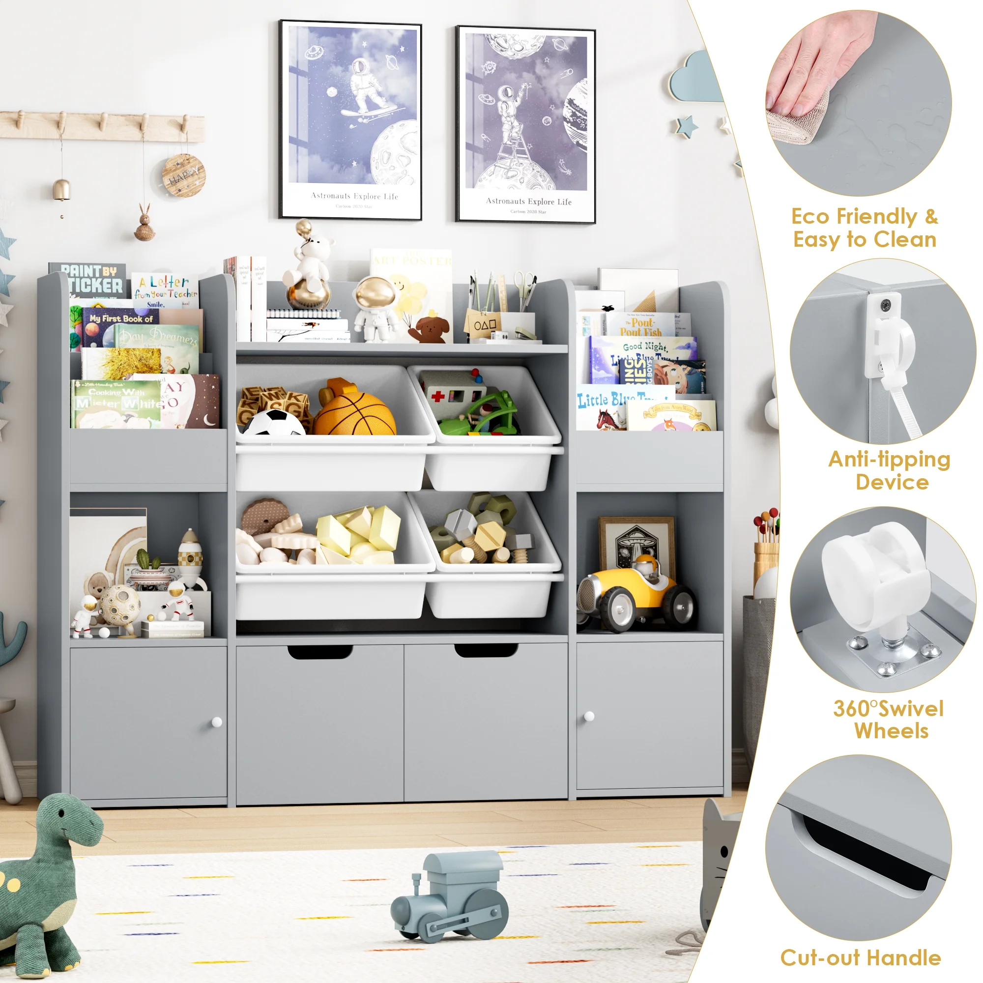 Hiphuta Kids Bookcase Toy Storage Organizer, Wooden Toy Organizer of 4 Bins& 2 Removable Drawers for Home Bedroom, Kids Bookshelf Toy Box with Book Rack, White - Image 31