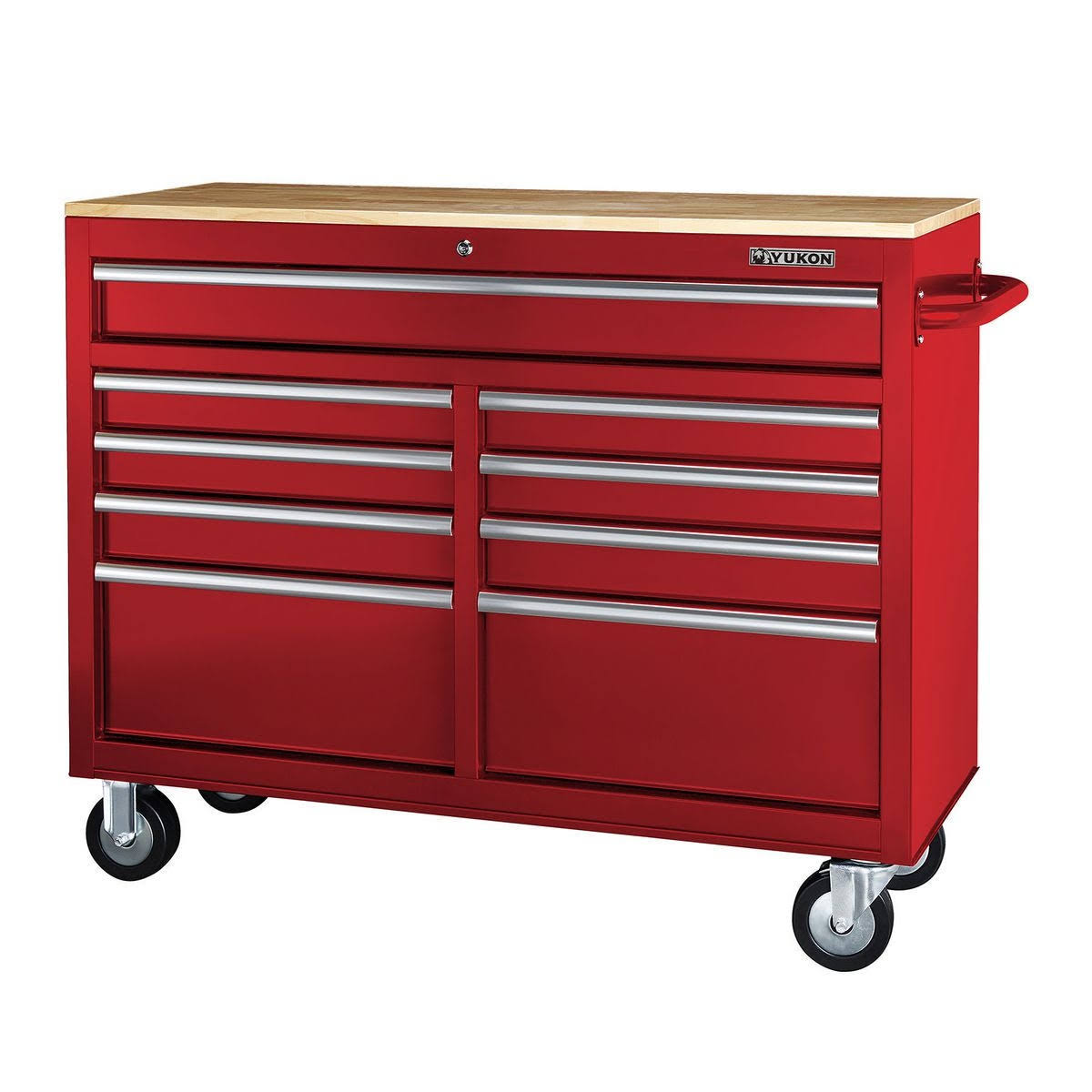 Yukon 46 in. 9 Drawer Mobile Storage Cabinet with Solid Wood Top, Red(Red)