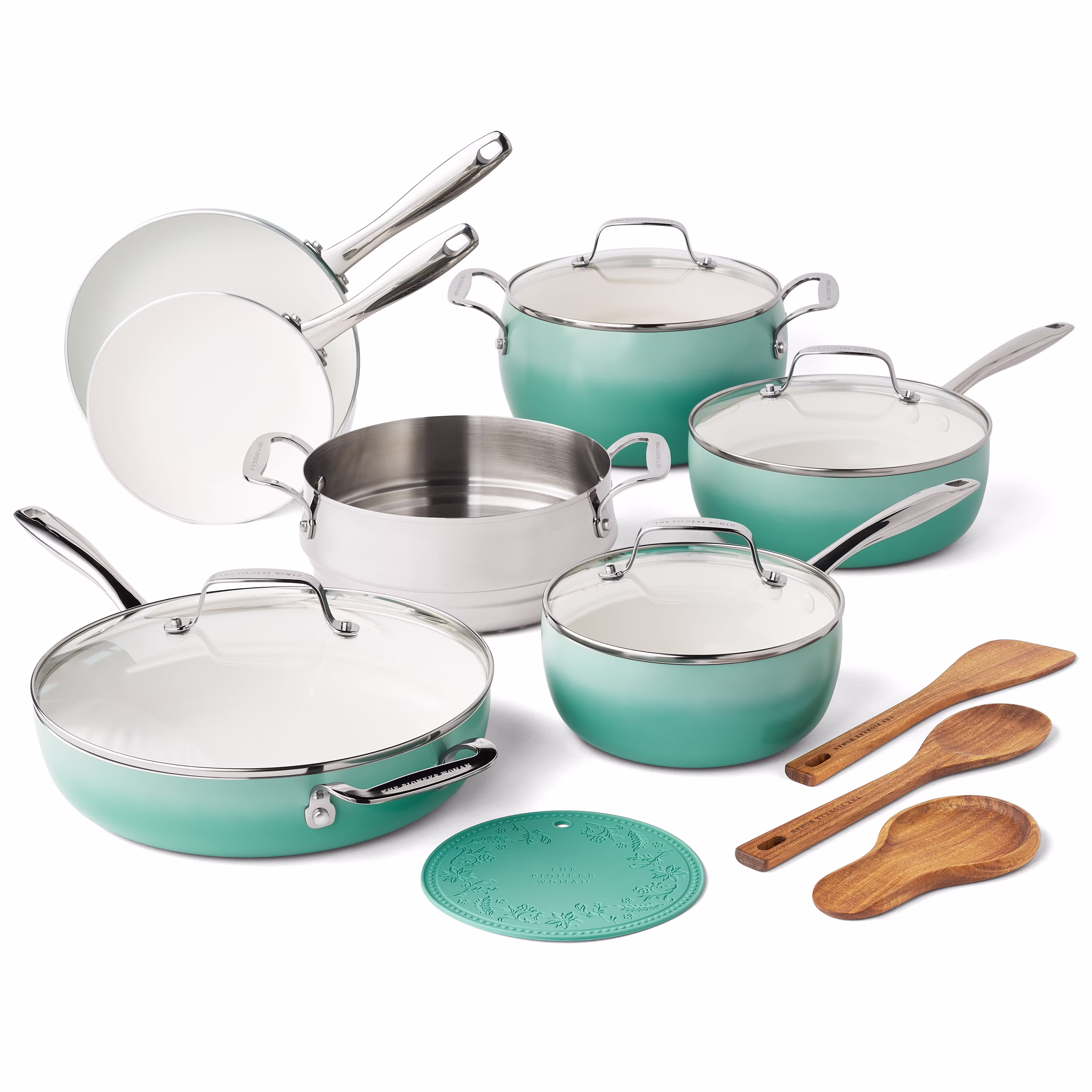 The Pioneer Woman Harlow 15-Piece Cookware Set, Ceramic Non-Stick Pots and Pans Set, Taupe - Image 3